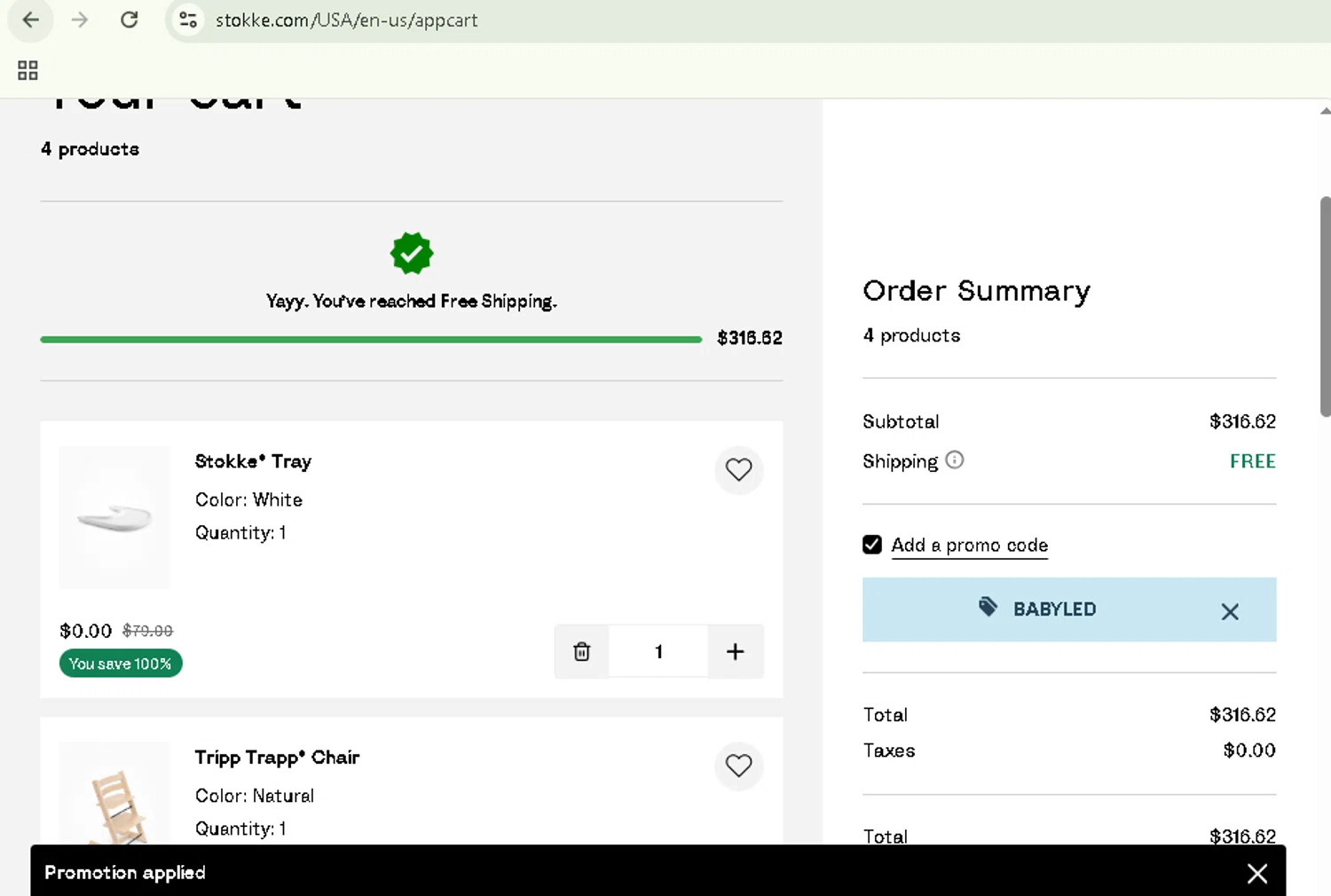 Stokke checkout page showing Stokke promo code box | Screenshot taken by SimplyCodes community member on Sep 1, 2025