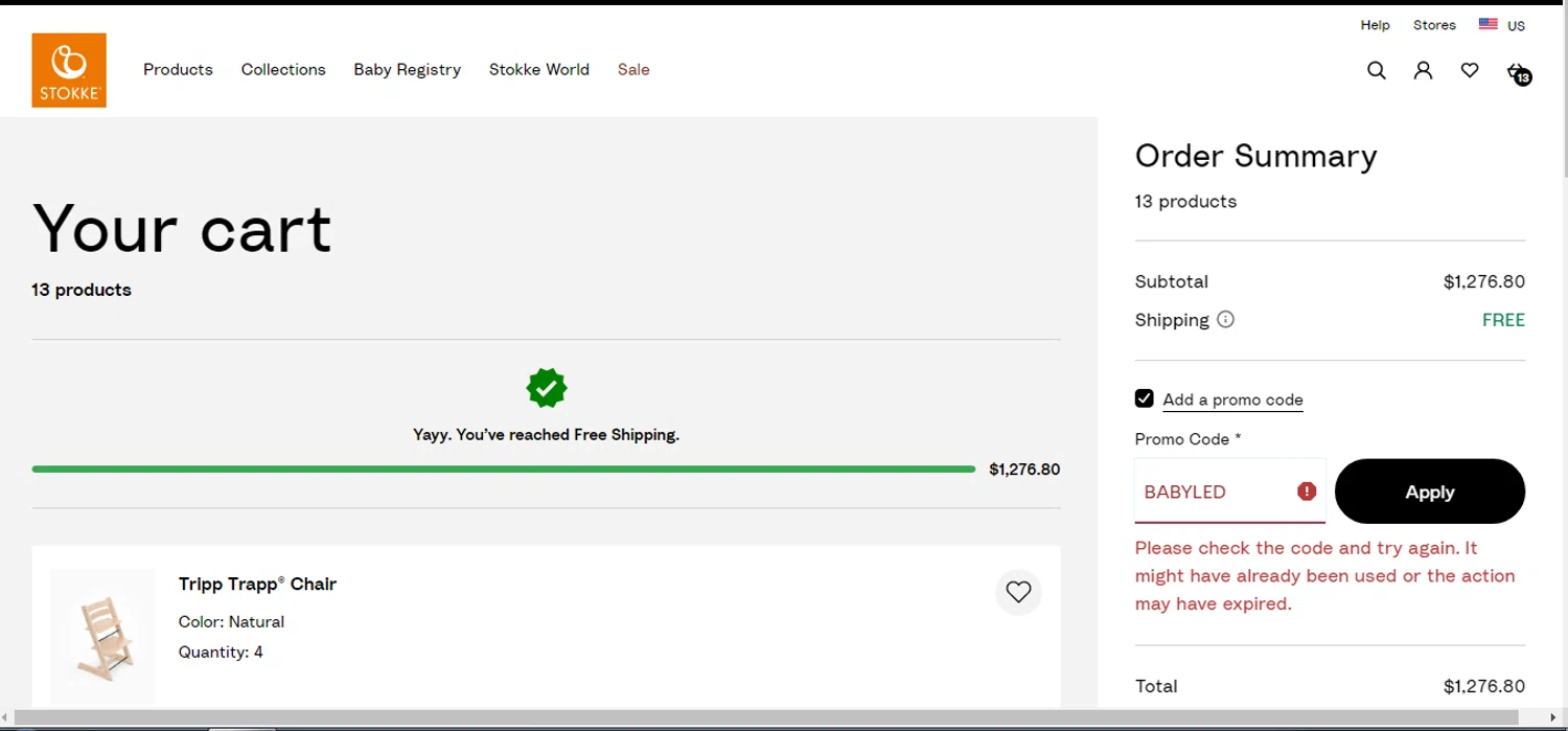 Stokke promo code screenshot showing code BABYLED applied at Stokke checkout page. Uploaded by SimplyCodes community member reinelysmalave on Oct 23, 2025