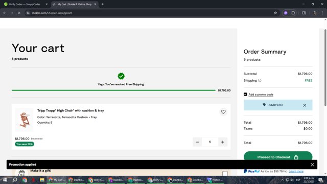 Stokke checkout page showing Stokke promo code box | Screenshot taken by SimplyCodes community member on Jul 22, 2025