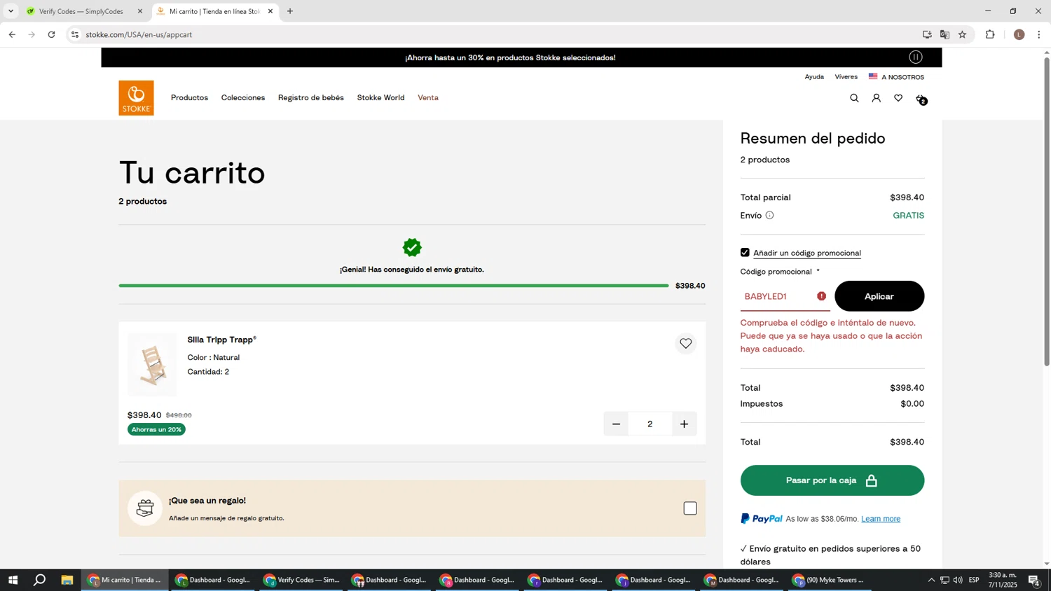 Stokke promo code screenshot showing code BABYLED1 applied at Stokke checkout page. Uploaded by SimplyCodes community member BENELLI on Nov 7, 2025