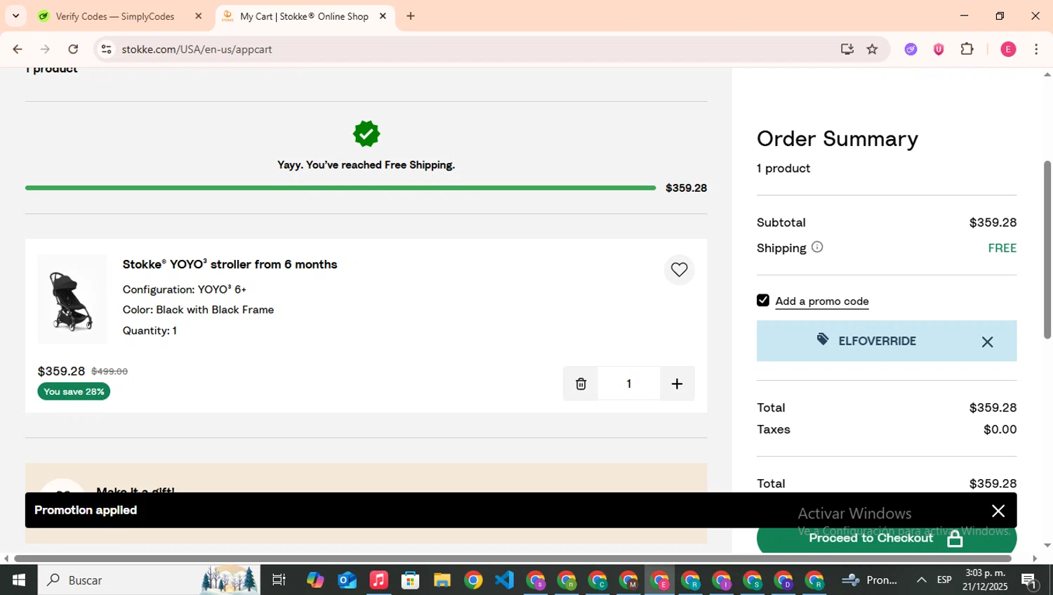 Stokke promo code screenshot showing code ELFOVERRIDE applied at Stokke checkout page. Uploaded by SimplyCodes community member CouponHero7312 on Dec 21, 2025