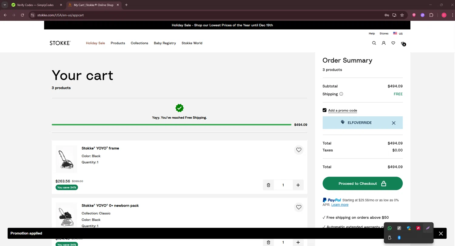 Stokke checkout page showing Stokke promo code box | Screenshot taken by SimplyCodes community member on Dec 16, 2025