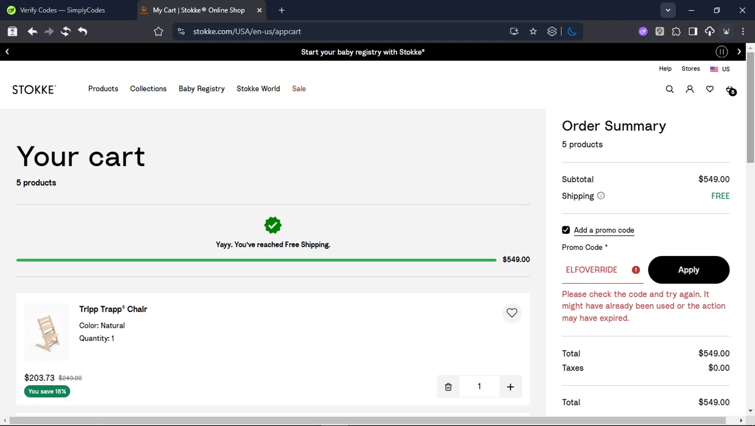 Stokke promo code screenshot showing code ELFOVERRIDE applied at Stokke checkout page. Uploaded by SimplyCodes community member Userr2 on Dec 30, 2025