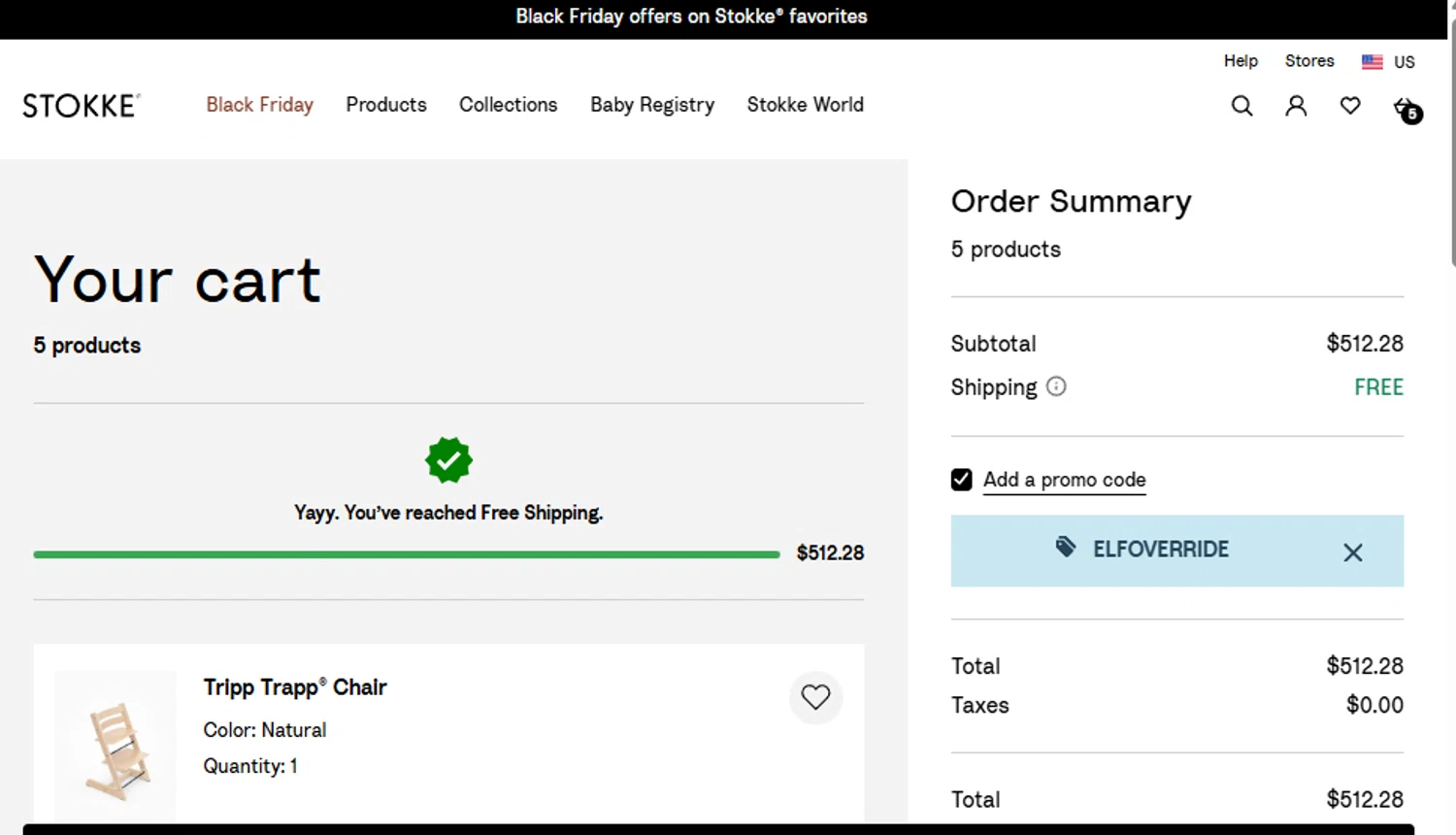 Stokke promo code screenshot showing code ELFOVERRIDE applied at Stokke checkout page. Uploaded by SimplyCodes community member ashe1986 on Nov 28, 2025