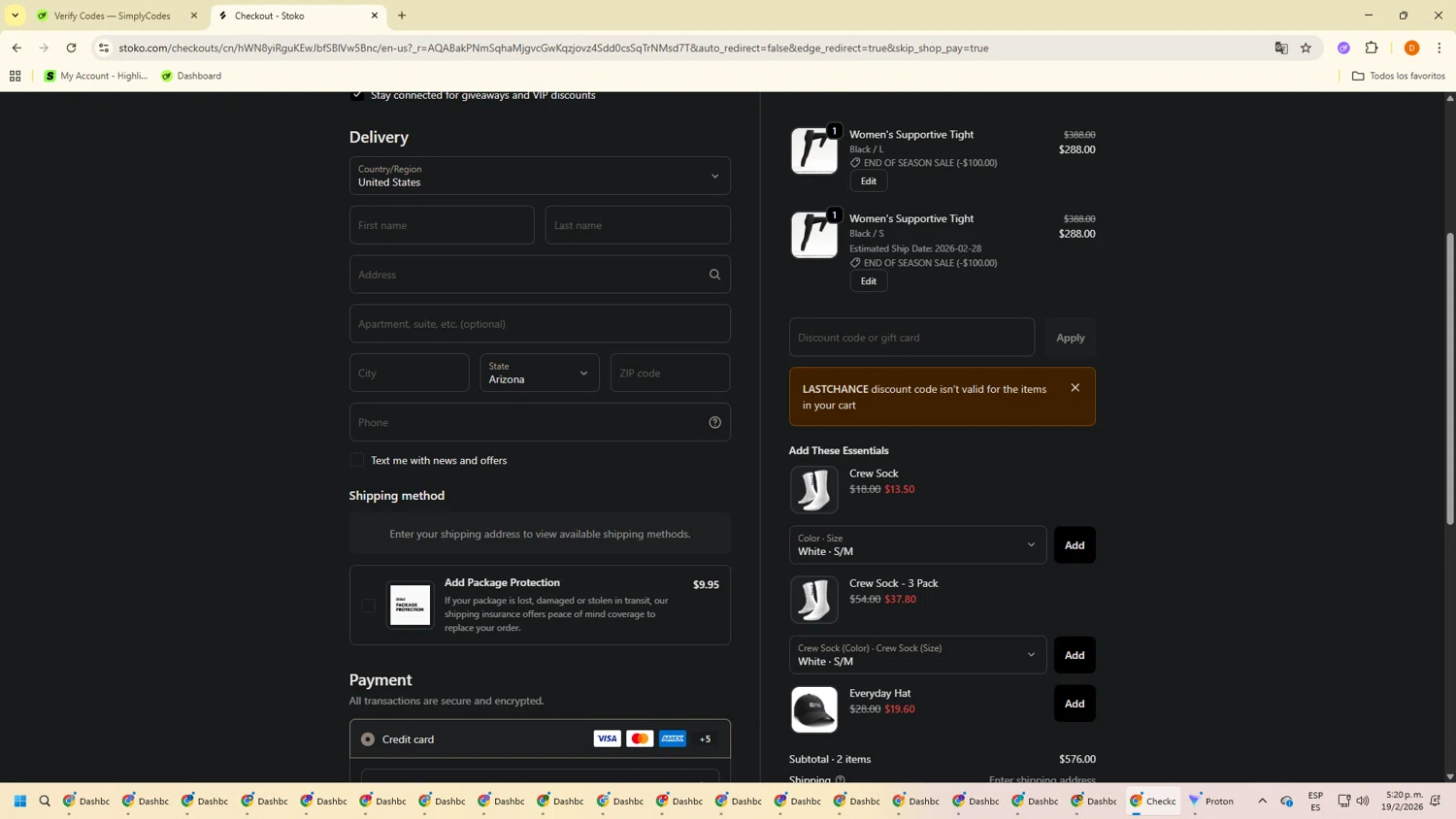 Stoko discount code screenshot showing code LASTCHANCE applied at Stoko checkout page. Uploaded by SimplyCodes community member SavingsMaverick3203 on Feb 19, 2026