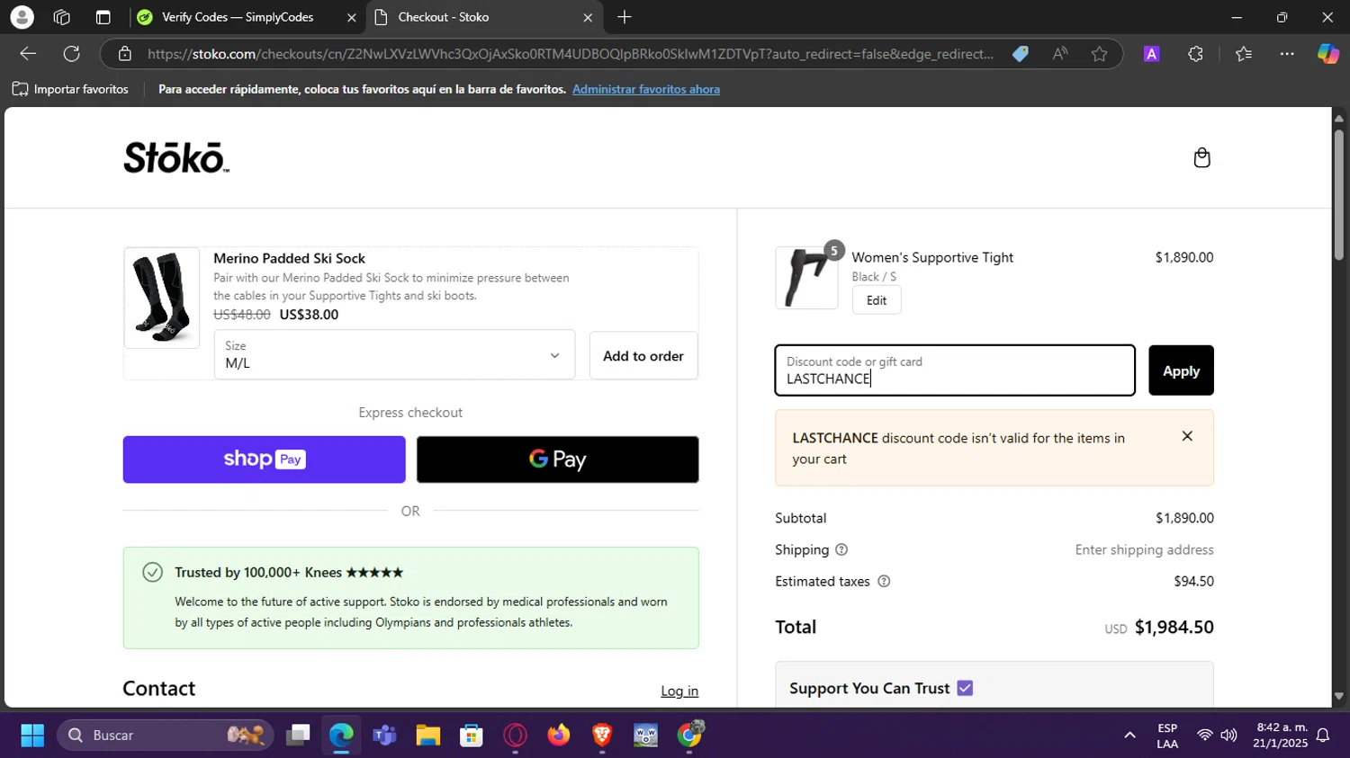 Stoko discount code screenshot showing code LASTCHANCE applied at Stoko checkout page. Uploaded by SimplyCodes community member Moisesdk0 on Jan 21, 2025