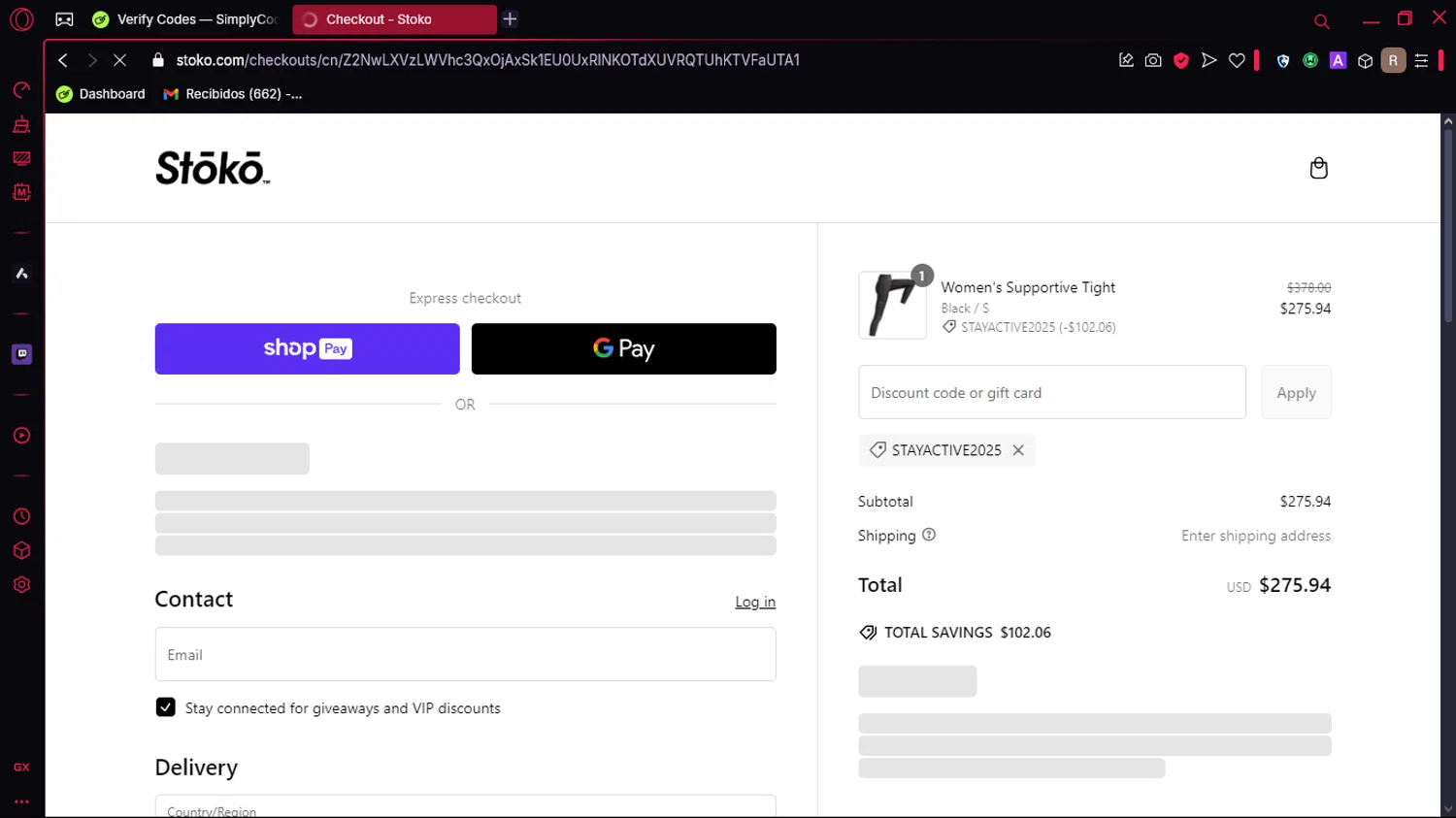 Stoko discount code screenshot showing code STAYACTIVE2025 applied at Stoko checkout page. Uploaded by SimplyCodes community member Marole on Feb 19, 2025