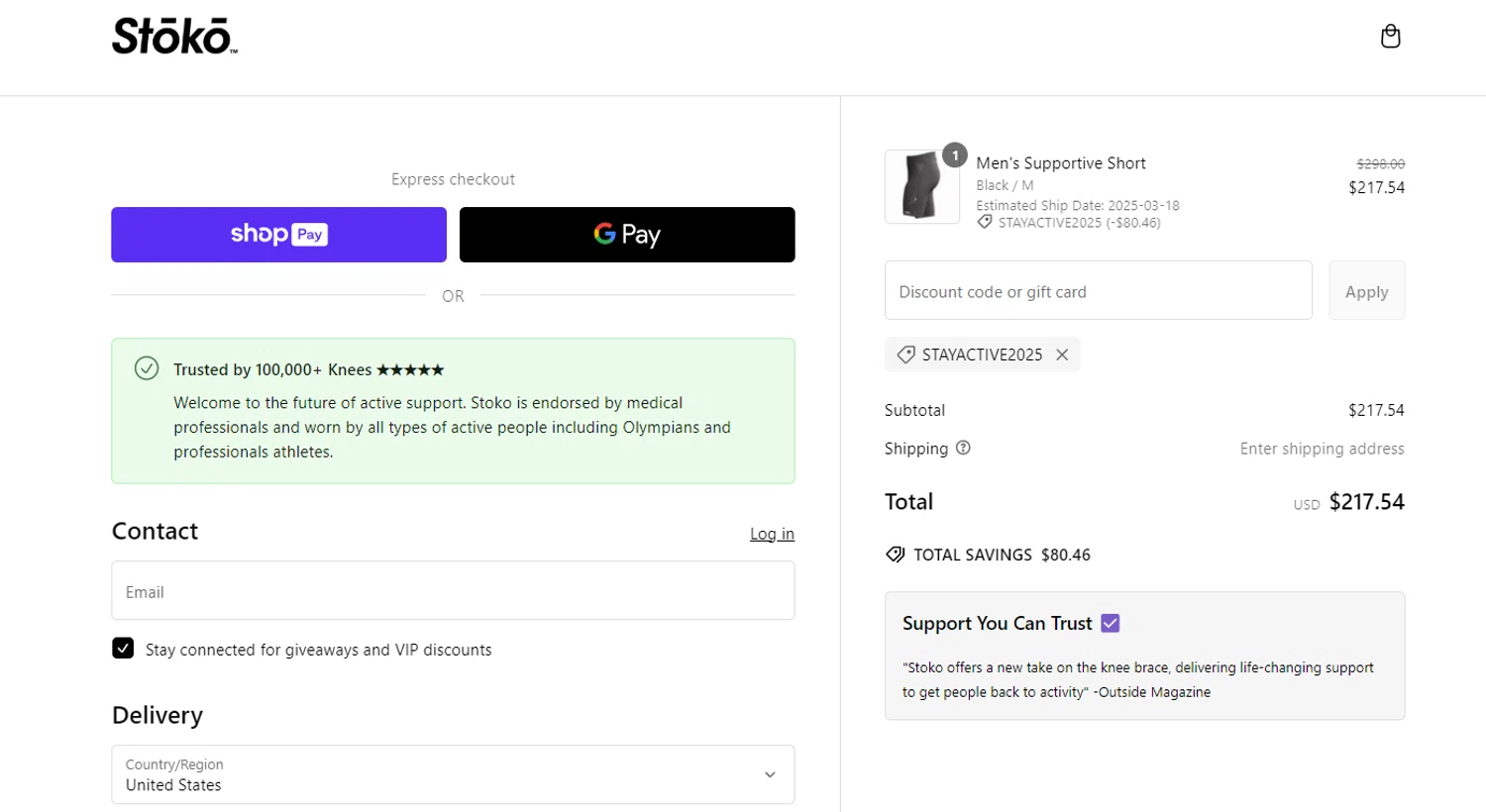 Stoko discount code screenshot showing code STAYACTIVE2025 applied at Stoko checkout page. Uploaded by SimplyCodes community member jesspea on Feb 19, 2025