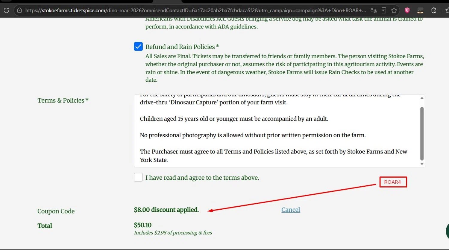 Stokoe Farms promo code screenshot showing code ROAR4 applied at Stokoe Farms checkout page. Uploaded by SimplyCodes community member HonestVzla on May 29, 2026