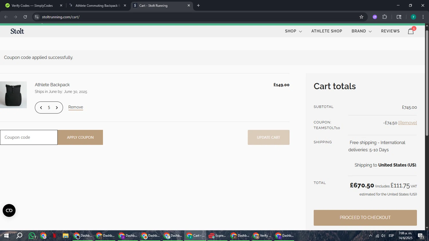 Stolt Running promo code screenshot showing code TEAMSTOLT10 applied at Stolt Running checkout page. Uploaded by SimplyCodes community member FrugalCaptain6906 on Jun 14, 2025