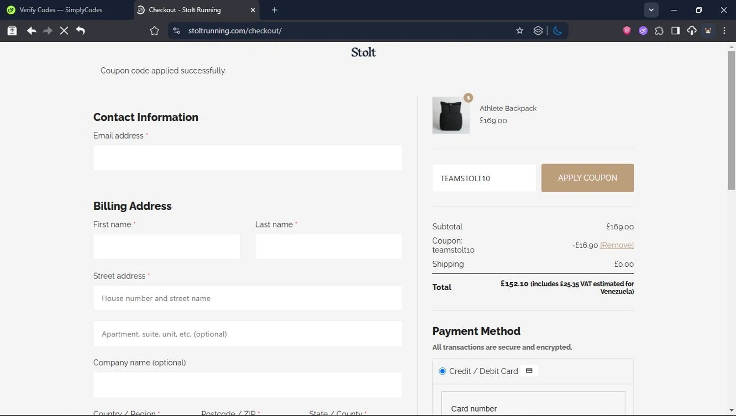 Stolt Running promo code screenshot showing code TEAMSTOLT10 applied at Stolt Running checkout page. Uploaded by SimplyCodes community member LegendaryCollector6259 on Jun 21, 2025