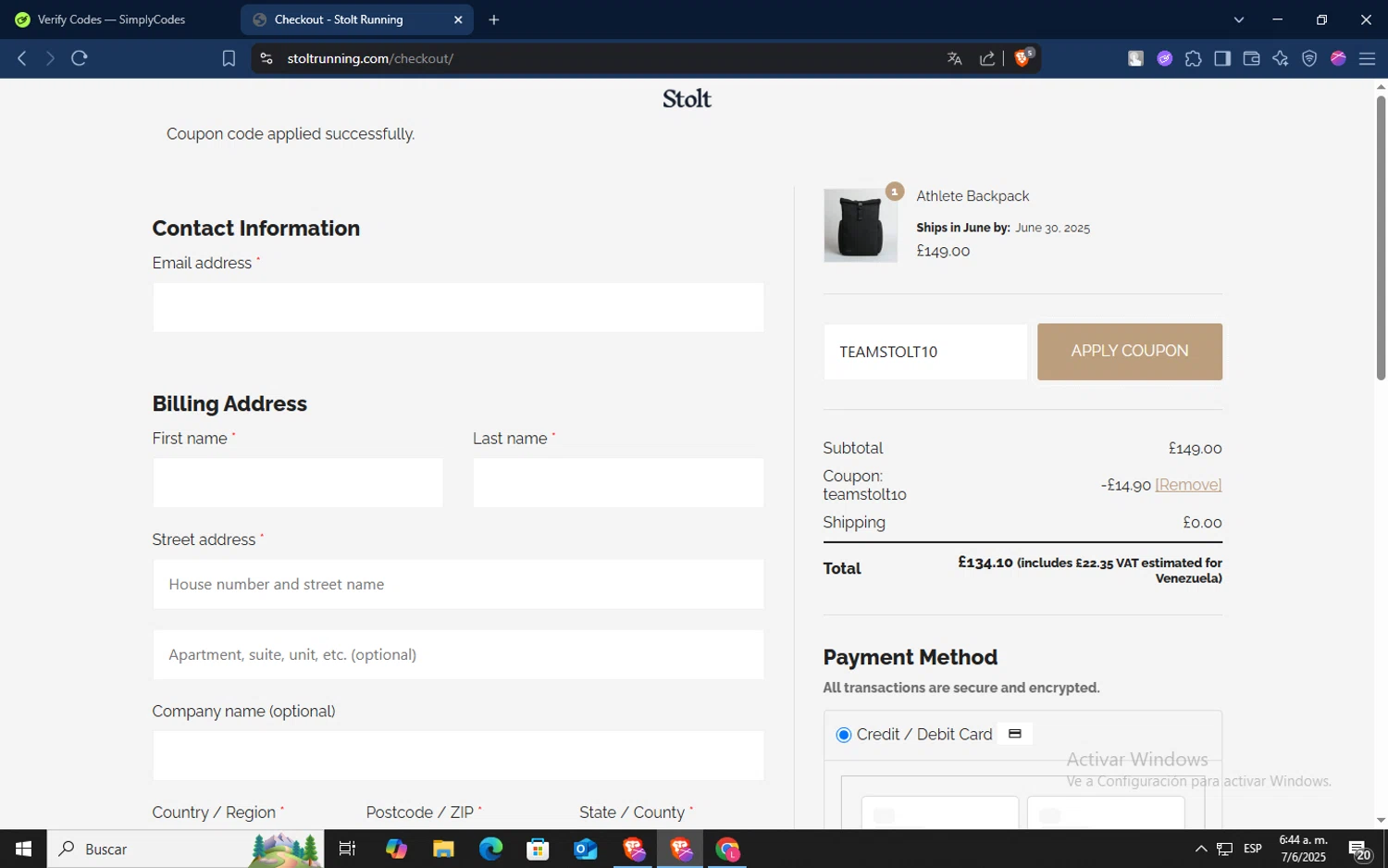 Stolt Running promo code screenshot showing code TEAMSTOLT10 applied at Stolt Running checkout page. Uploaded by SimplyCodes community member TokenSaver1205 on Jun 7, 2025