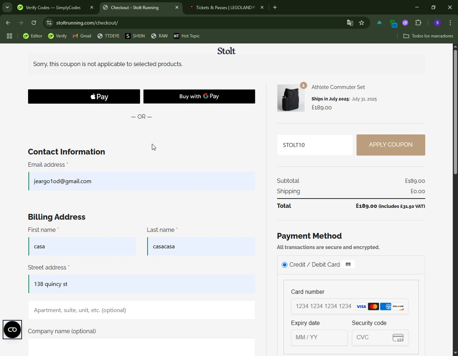 Stolt Running promo code screenshot showing code STOLT10 applied at Stolt Running checkout page. Uploaded by SimplyCodes community member CapitanCentella on Jun 7, 2025