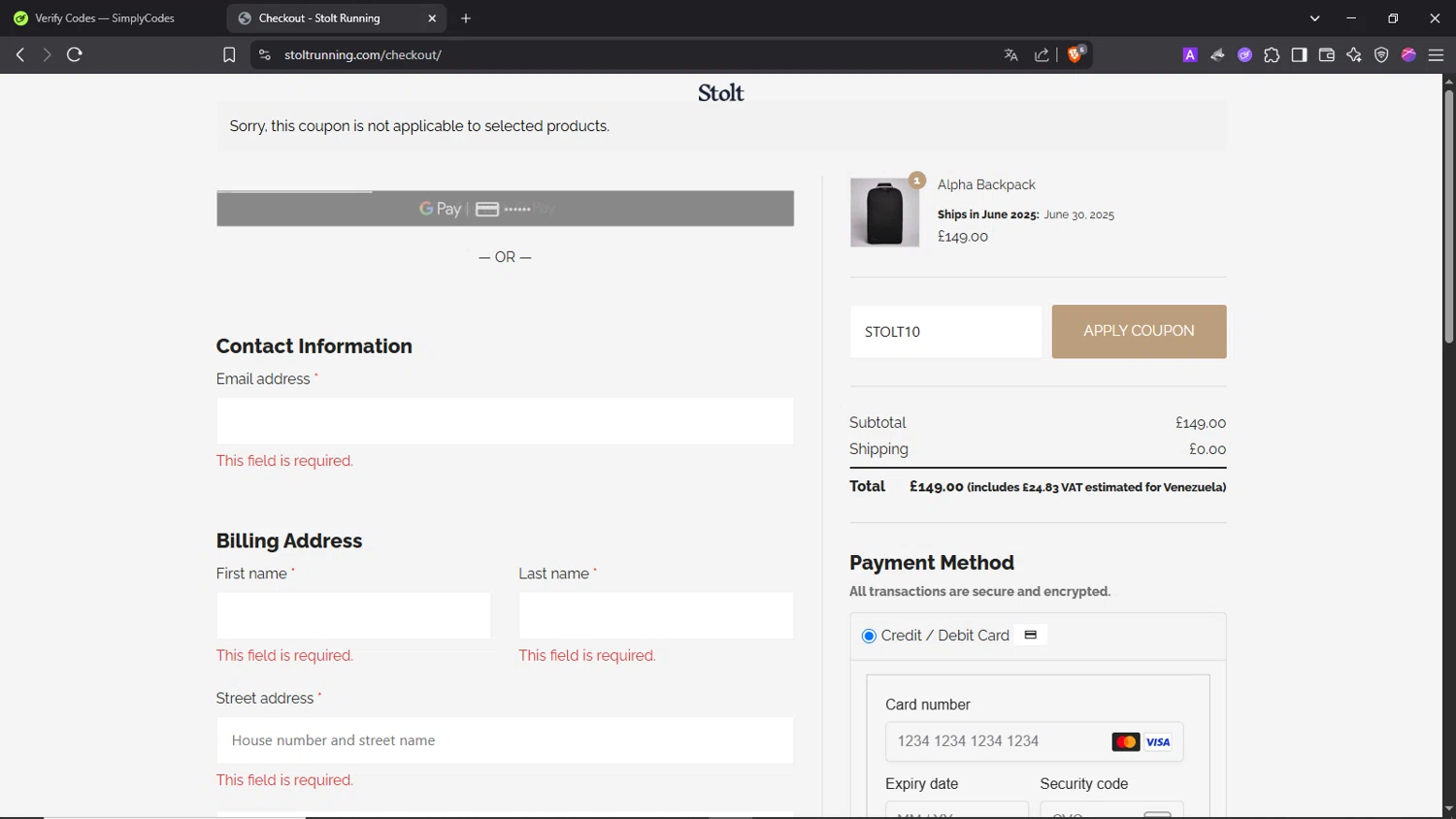 Stolt Running promo code screenshot showing code STOLT10 applied at Stolt Running checkout page. Uploaded by SimplyCodes community member Morrachida04 on Jun 14, 2025