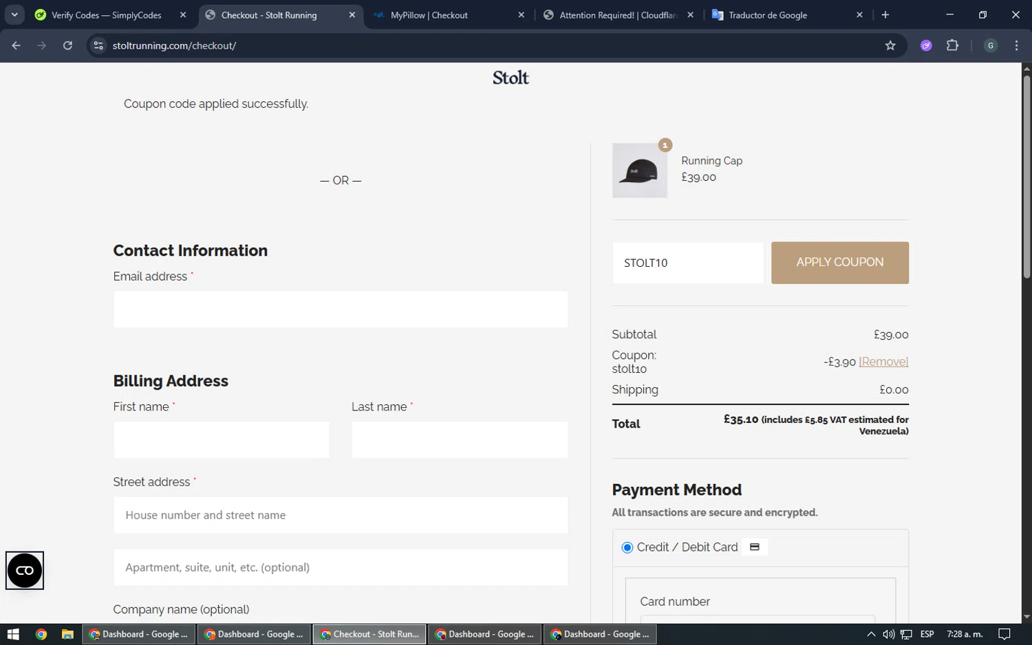 Stolt Running promo code screenshot showing code STOLT10 applied at Stolt Running checkout page. Uploaded by SimplyCodes community member TOUSEN on Jun 21, 2025