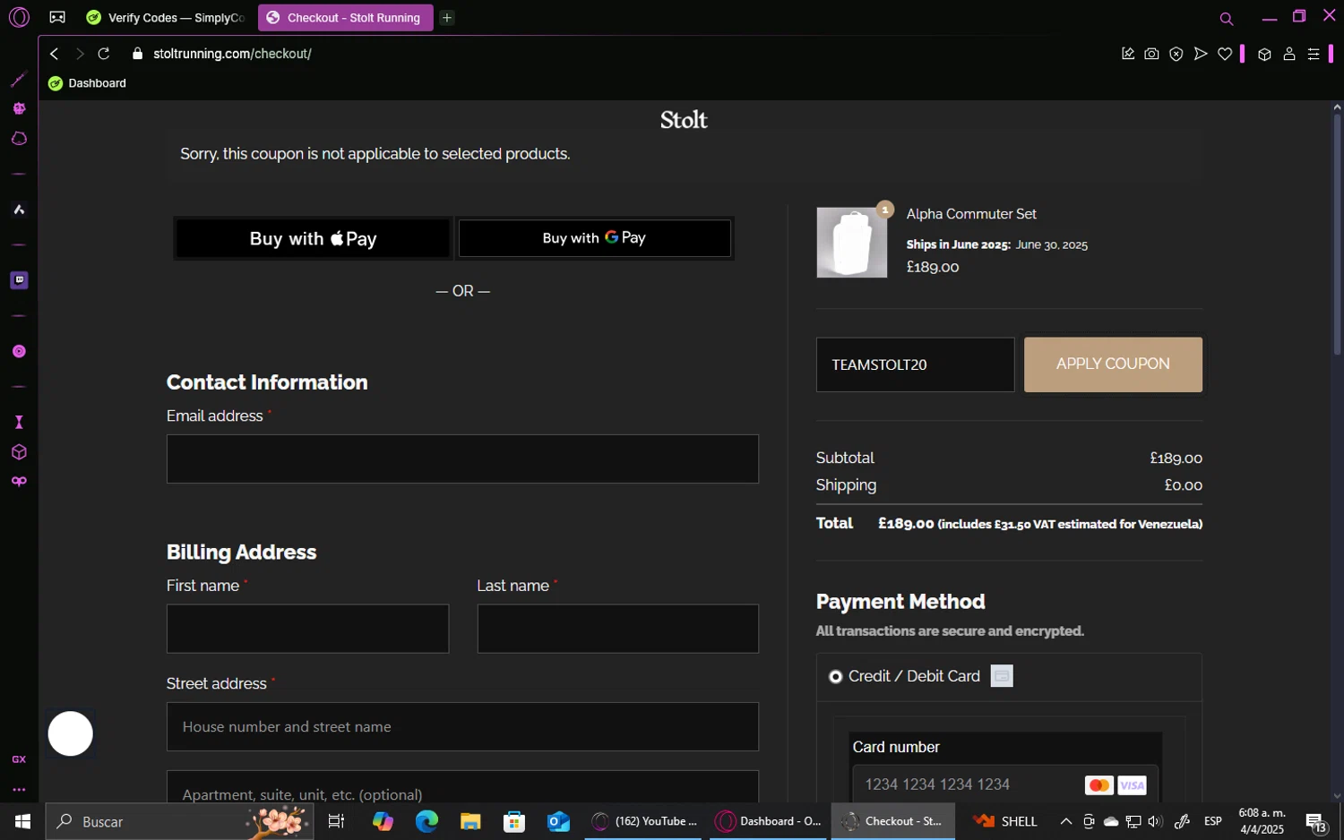 Stolt Running promo code screenshot showing code TEAMSTOLT20 applied at Stolt Running checkout page. Uploaded by SimplyCodes community member GoldHawk6293 on Apr 4, 2025