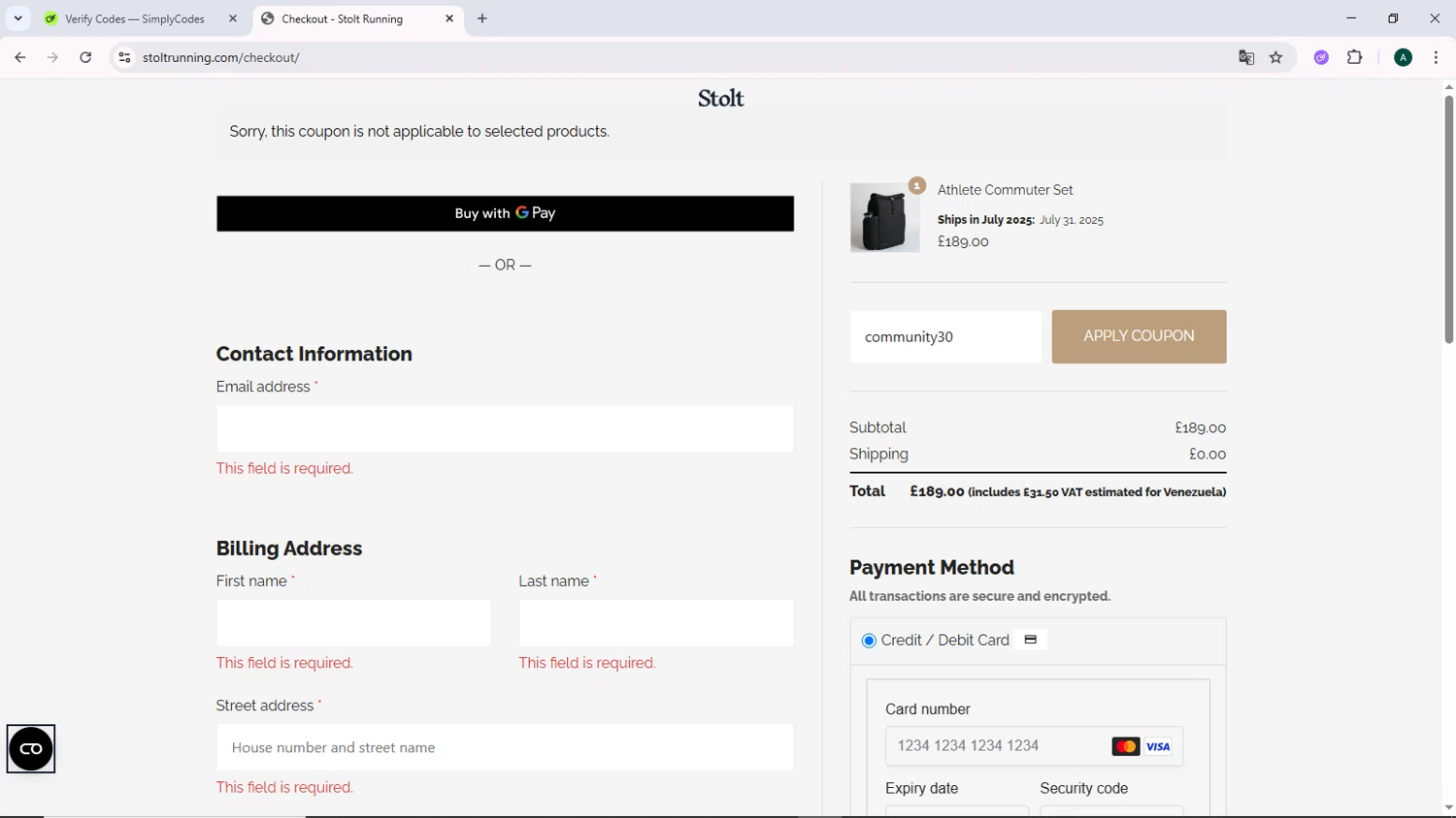 Stolt Running promo code screenshot showing code community30 applied at Stolt Running checkout page. Uploaded by SimplyCodes community member DiscountCurator2907 on Jun 14, 2025
