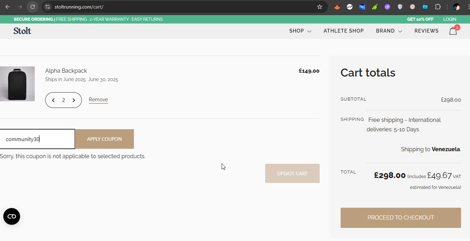 Stolt Running promo code screenshot showing code community30 applied at Stolt Running checkout page. Uploaded by SimplyCodes community member PrimeShopper6600 on Jun 14, 2025