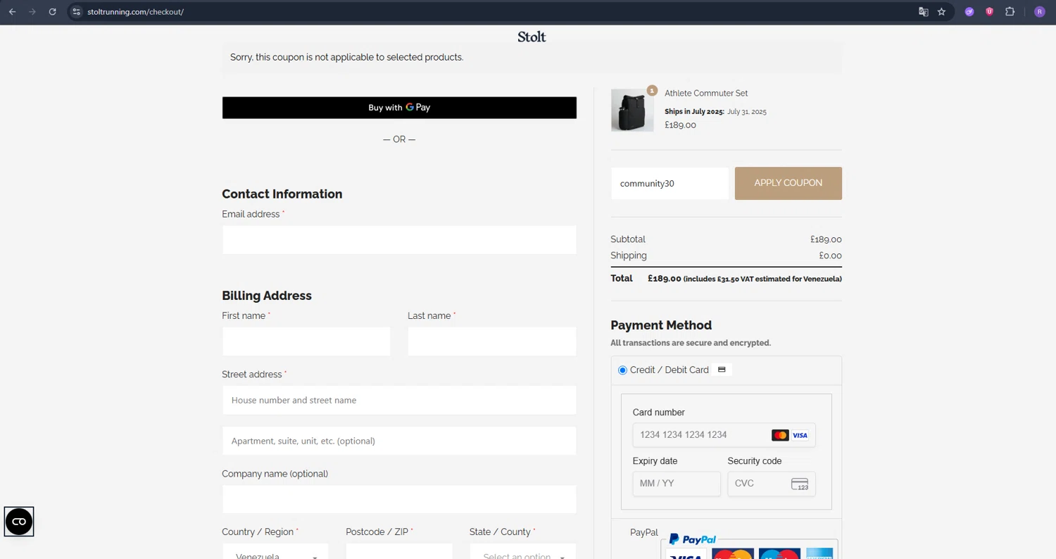 Stolt Running promo code screenshot showing code community30 applied at Stolt Running checkout page. Uploaded by SimplyCodes community member Ron322 on Jun 14, 2025