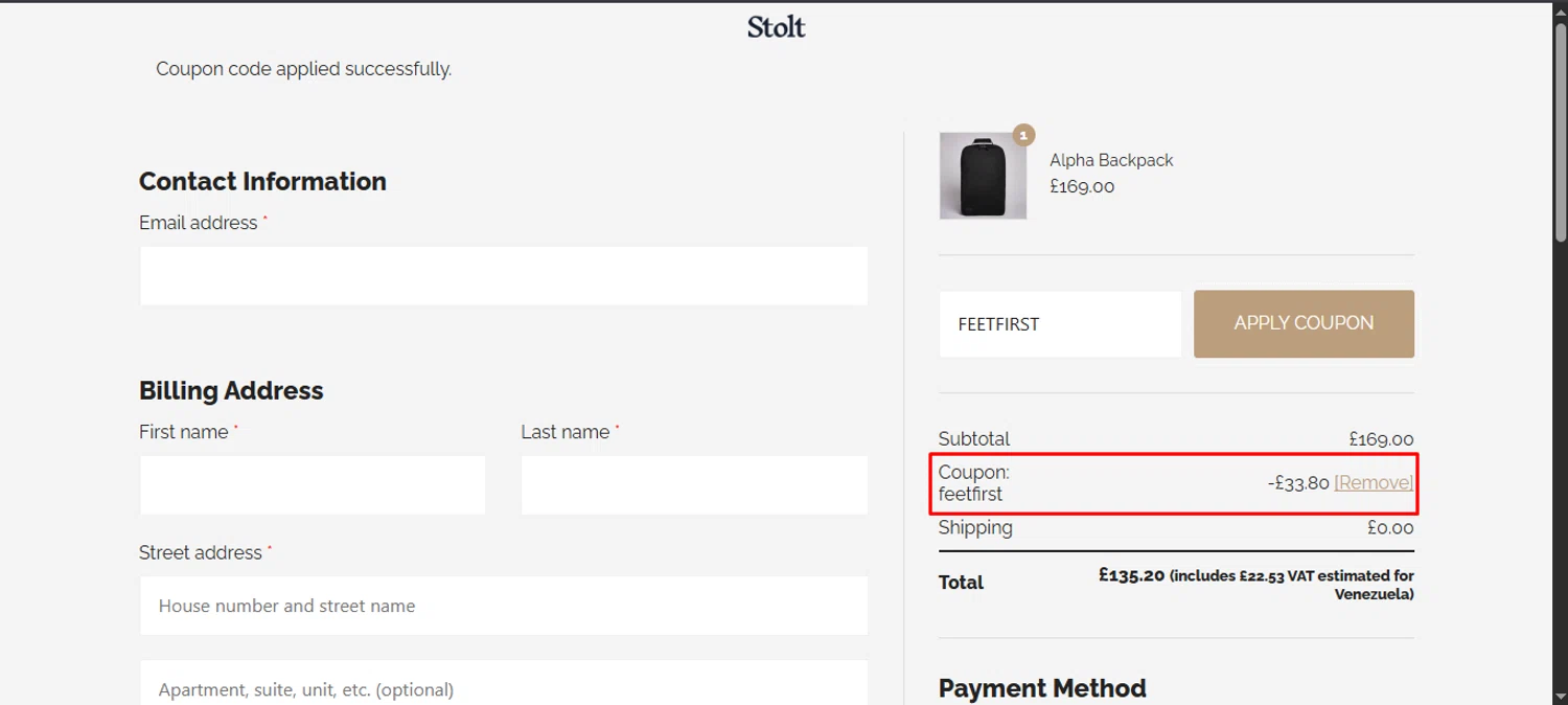 Stolt Running promo code screenshot showing code FEETFIRST applied at Stolt Running checkout page. Uploaded by SimplyCodes community member noworries on Oct 12, 2025