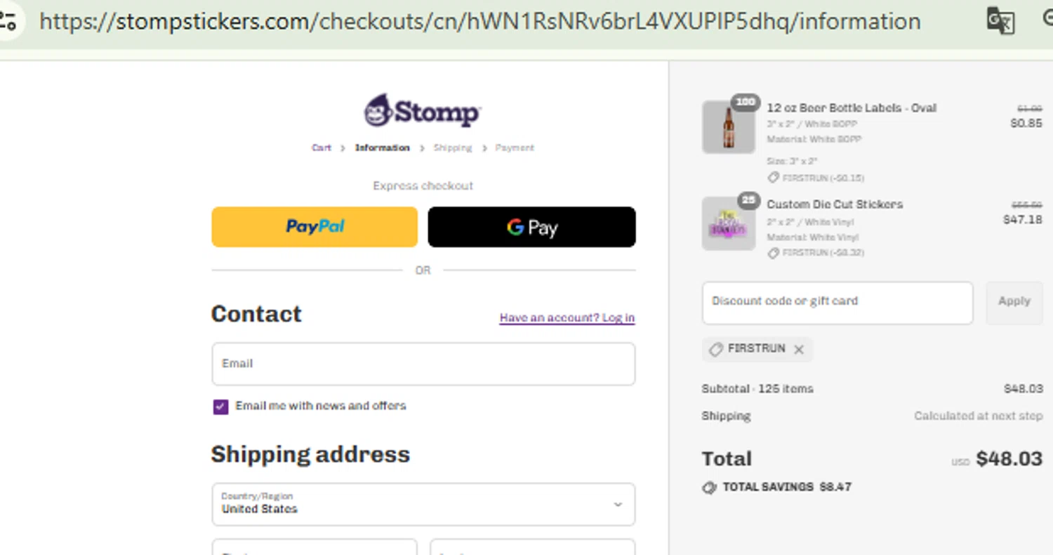 Stomp Stickers discount code screenshot showing code FIRSTRUN applied at Stomp Stickers checkout page. Uploaded by SimplyCodes community member RewardFinder4836 on Aug 17, 2025