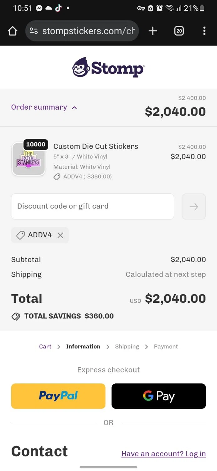 Stomp Stickers discount code screenshot showing code addv4 applied at Stomp Stickers checkout page. Uploaded by SimplyCodes community member miguelcrast on Oct 19, 2025