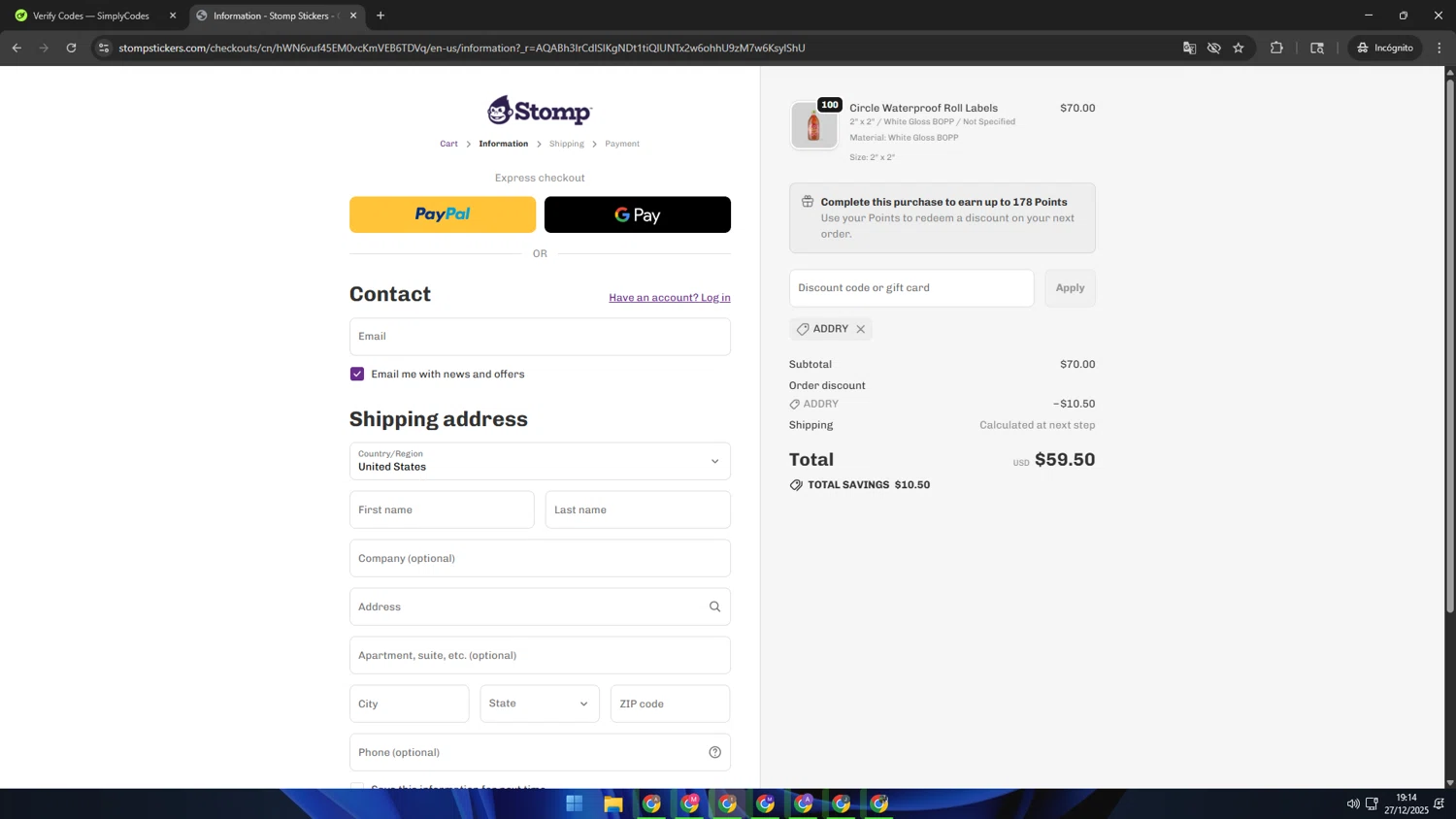Stomp Stickers discount code screenshot showing code ADDRY applied at Stomp Stickers checkout page. Uploaded by SimplyCodes community member Kaizen on Dec 28, 2025