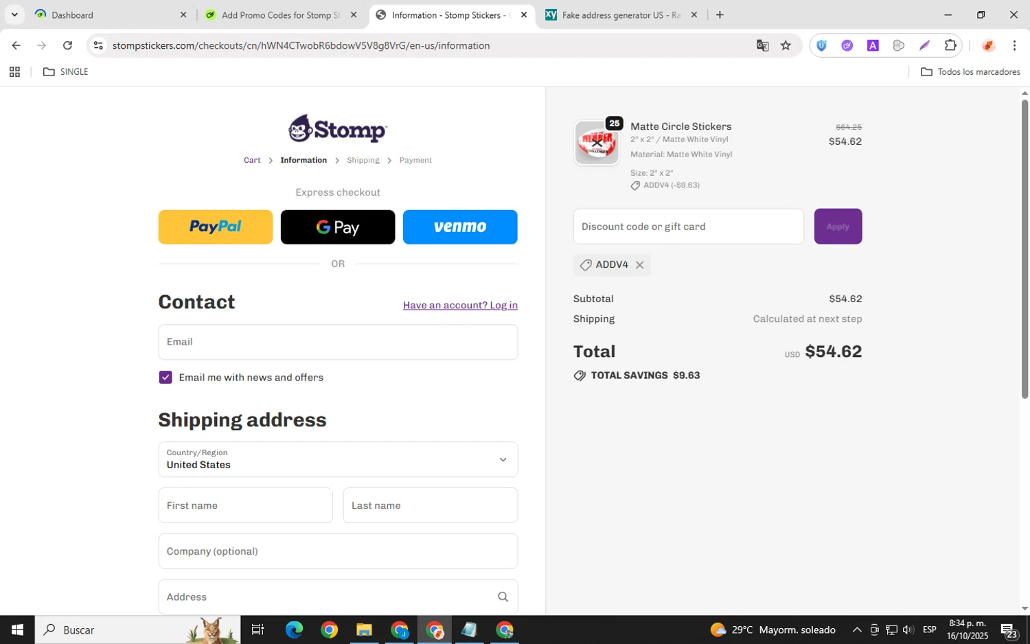 Stomp Stickers discount code screenshot showing code addv4 applied at Stomp Stickers checkout page. Uploaded by SimplyCodes community member donaldJtrump on Oct 17, 2025