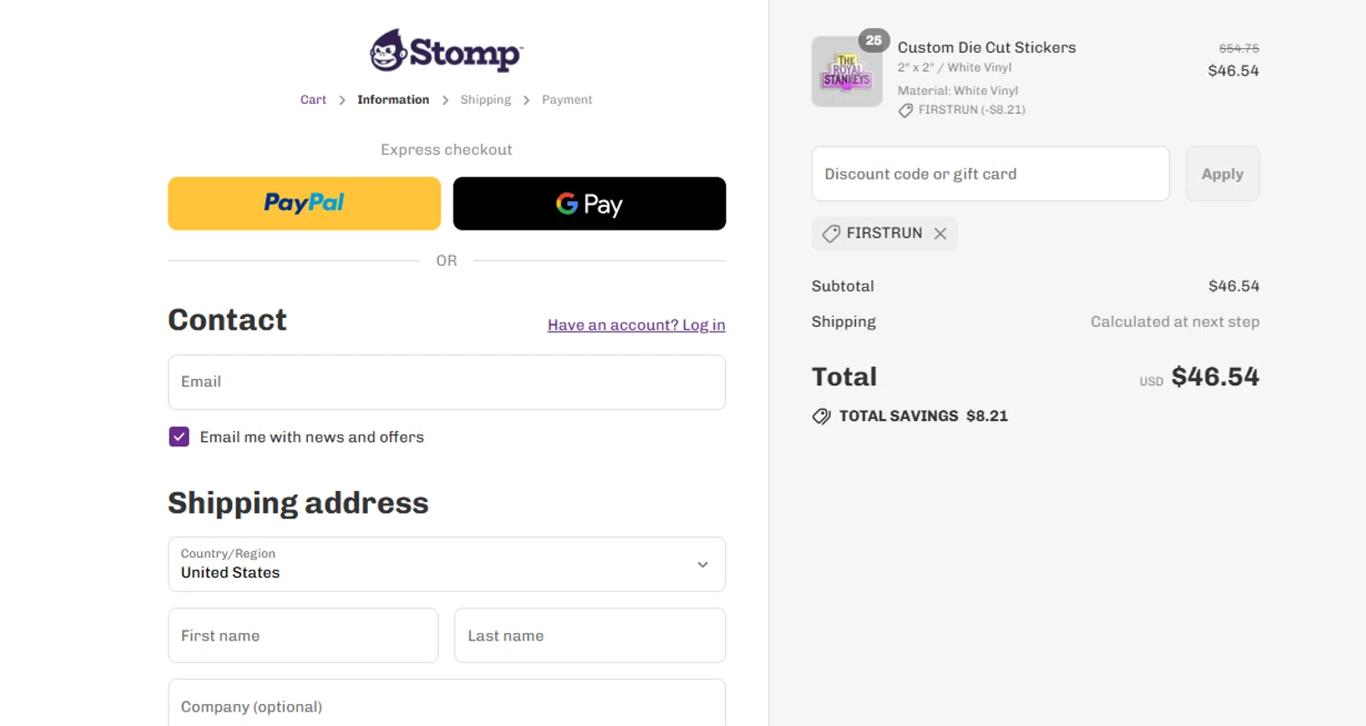 Stomp Stickers discount code screenshot showing code FIRSTRUN applied at Stomp Stickers checkout page. Uploaded by SimplyCodes community member reimalave10 on Aug 1, 2025