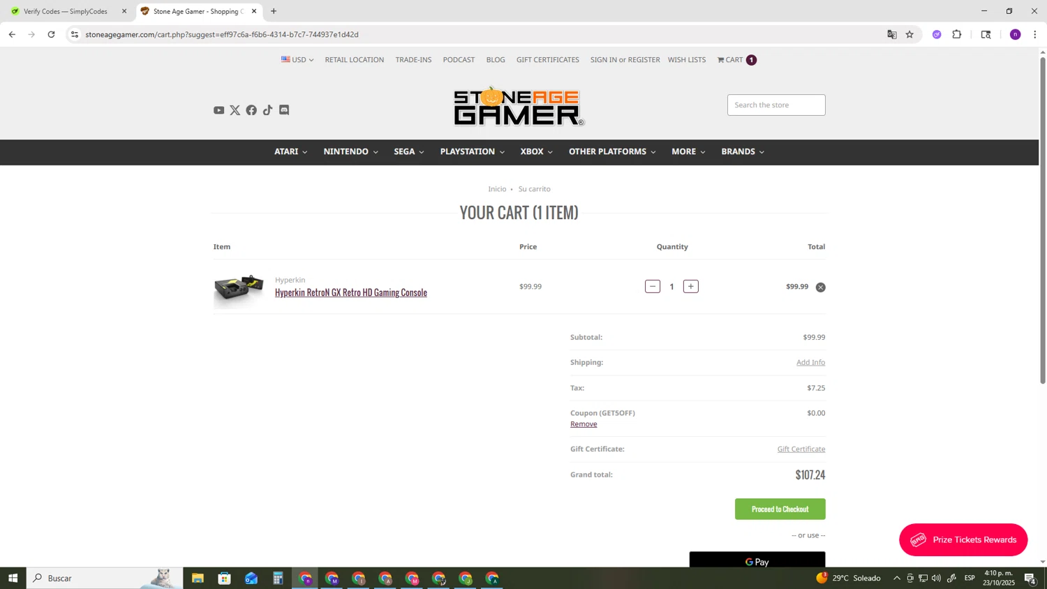 Stone Age Gamer promo code screenshot showing code GET5OFF applied at Stone Age Gamer checkout page. Uploaded by SimplyCodes community member AVAMUSTANG on Oct 23, 2025