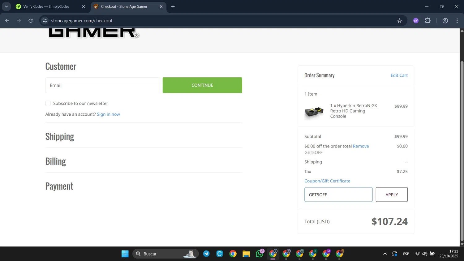 Stone Age Gamer promo code screenshot showing code GET5OFF applied at Stone Age Gamer checkout page. Uploaded by SimplyCodes community member CleverFalcon6244 on Oct 23, 2025