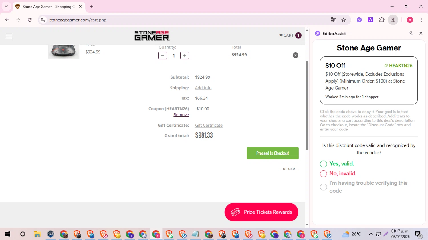 Stone Age Gamer checkout page showing Stone Age Gamer promo code box | Screenshot taken by SimplyCodes community member on Feb 6, 2026