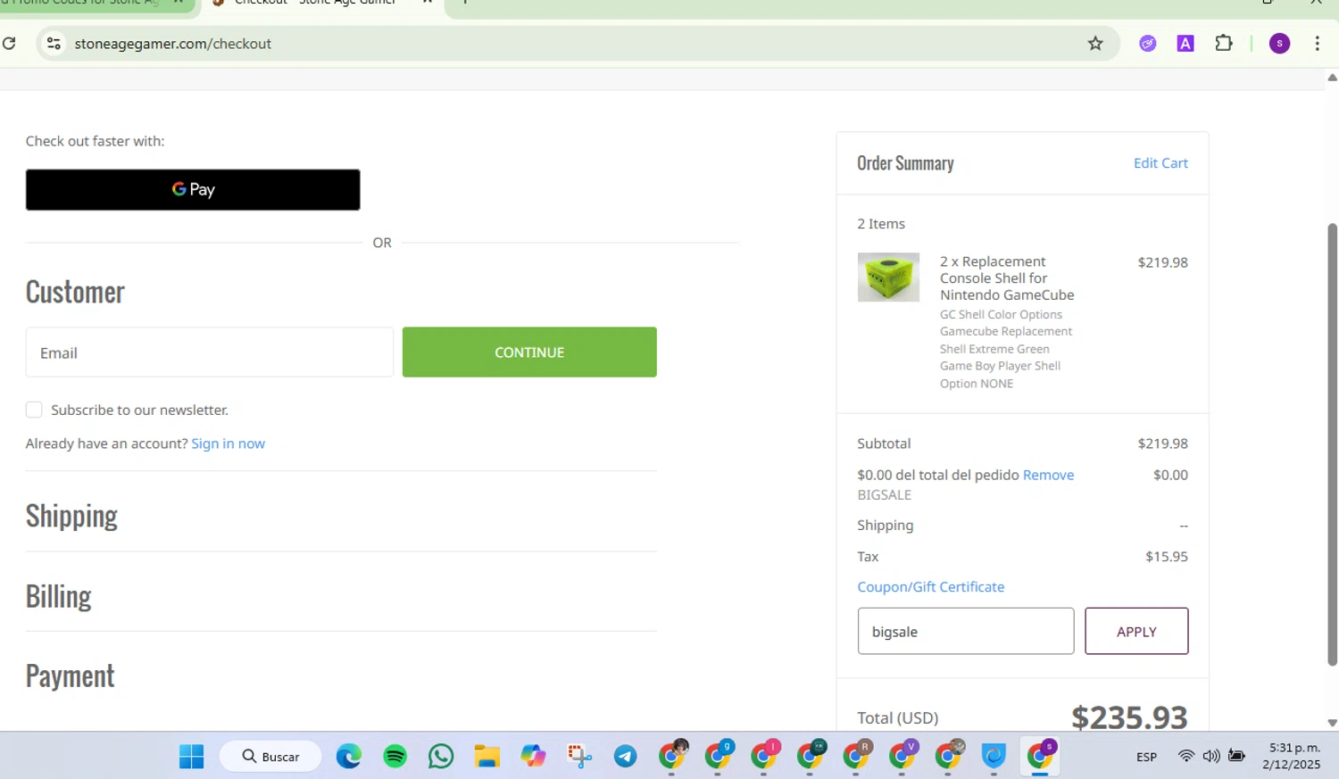 Stone Age Gamer promo code screenshot showing code bigsale applied at Stone Age Gamer checkout page. Uploaded by SimplyCodes community member Lamadama on Dec 2, 2025