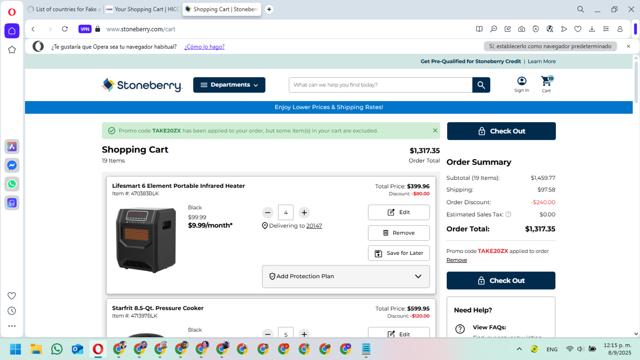 Stoneberry checkout page showing Stoneberry promo code box | Screenshot taken by SimplyCodes community member on Sep 8, 2025