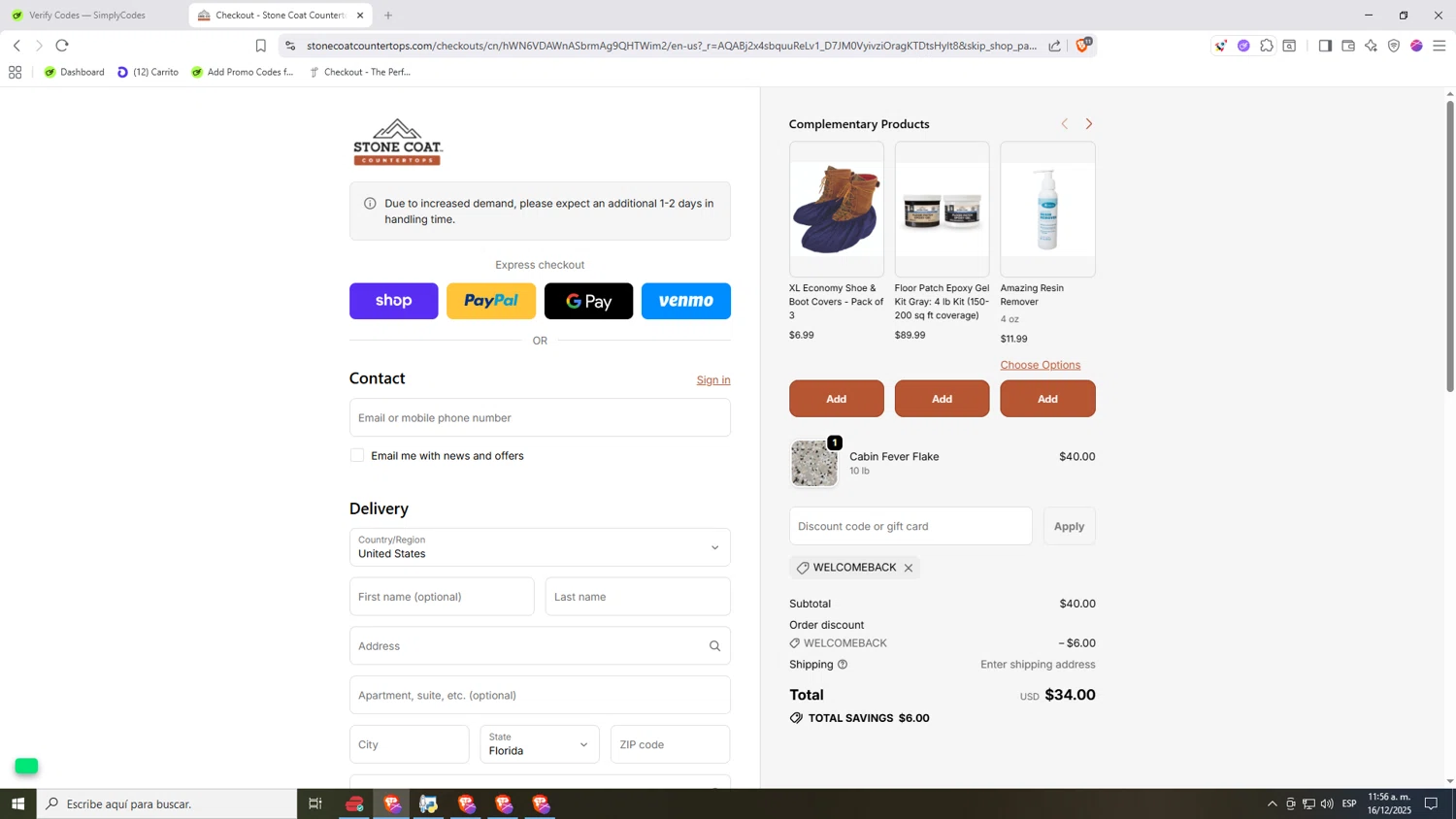 Stone Coat Countertops promo code screenshot showing code WELCOMEBACK applied at Stone Coat Countertops checkout page. Uploaded by SimplyCodes community member Nezukooo on Dec 16, 2025
