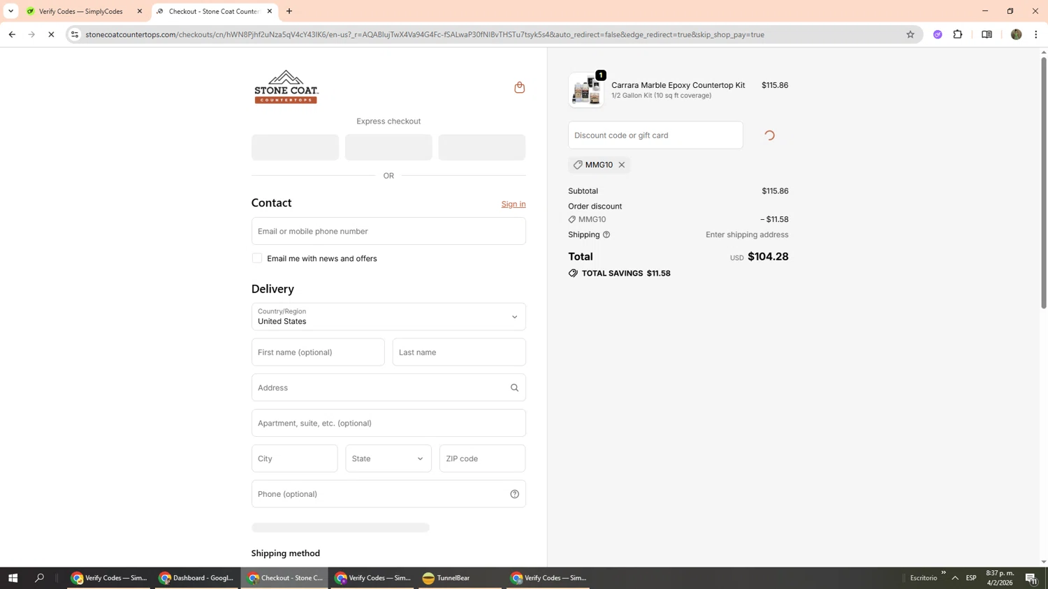 Stone Coat Countertops promo code screenshot showing code MMG10 applied at Stone Coat Countertops checkout page. Uploaded by SimplyCodes community member Phoenix585 on Feb 5, 2026