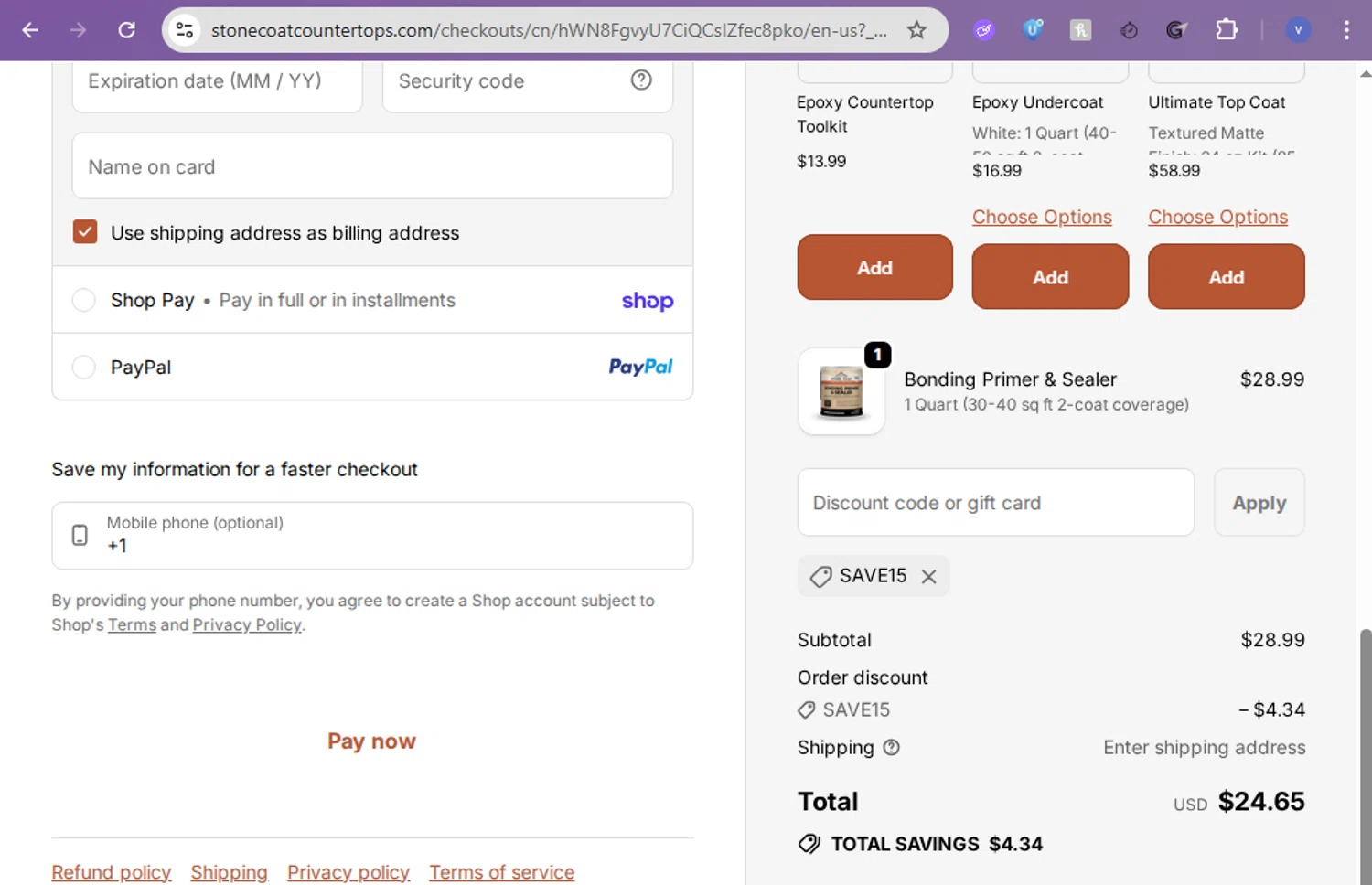 Stone Coat Countertops promo code screenshot showing code SAVE15 applied at Stone Coat Countertops checkout page. Uploaded by SimplyCodes community member beatrizcastillo on Jan 31, 2026