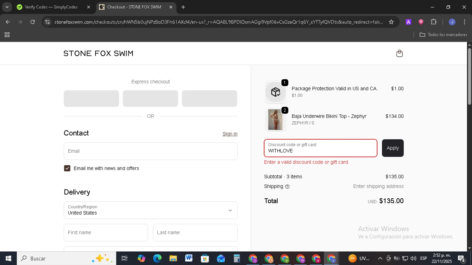 Stone Fox Swim promo code screenshot showing code WITHLOVE applied at Stone Fox Swim checkout page. Uploaded by SimplyCodes community member EpicSage3474 on Nov 22, 2025
