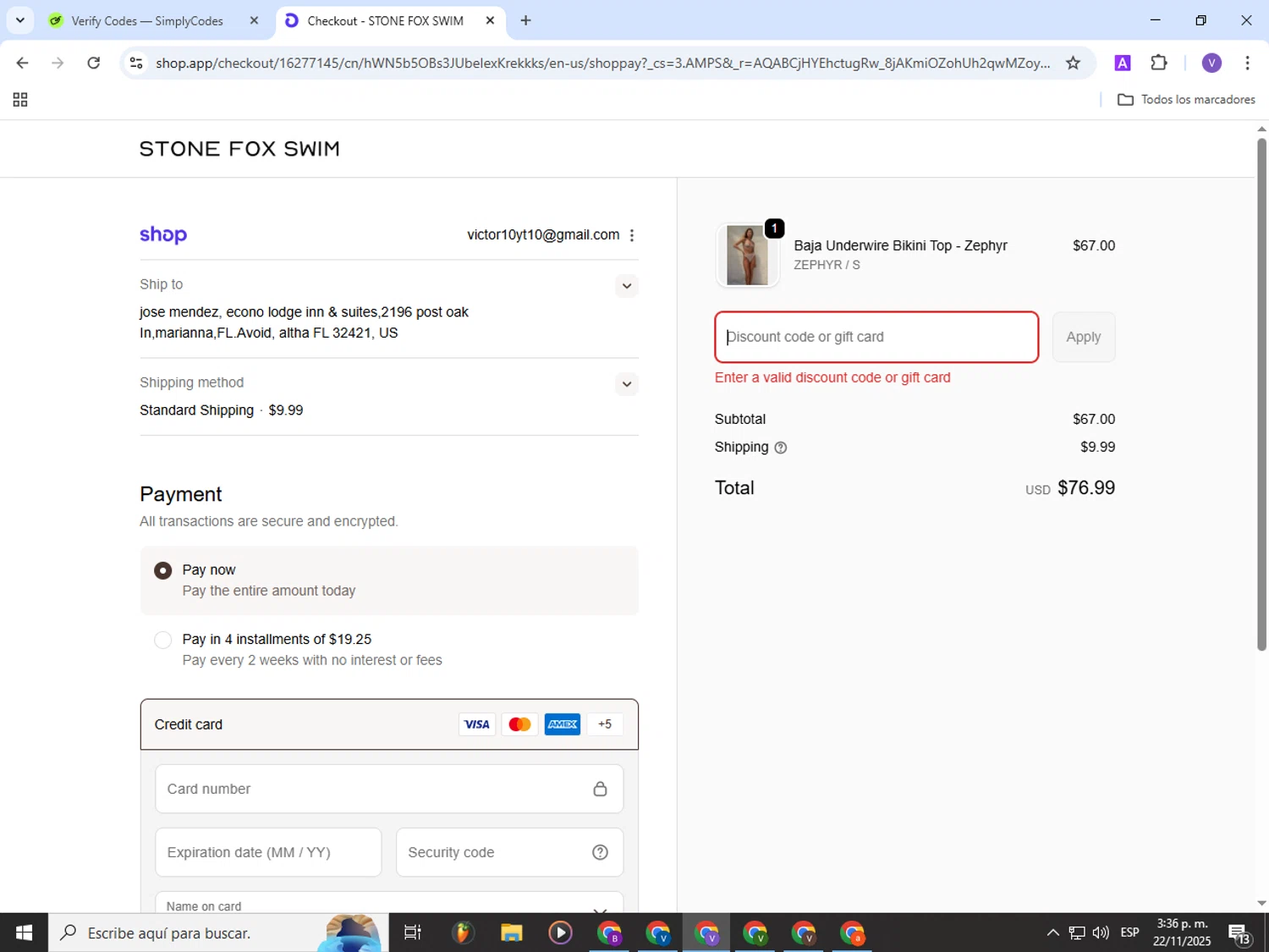 Stone Fox Swim promo code screenshot showing code WITHLOVE applied at Stone Fox Swim checkout page. Uploaded by SimplyCodes community member Gianpiero on Nov 22, 2025