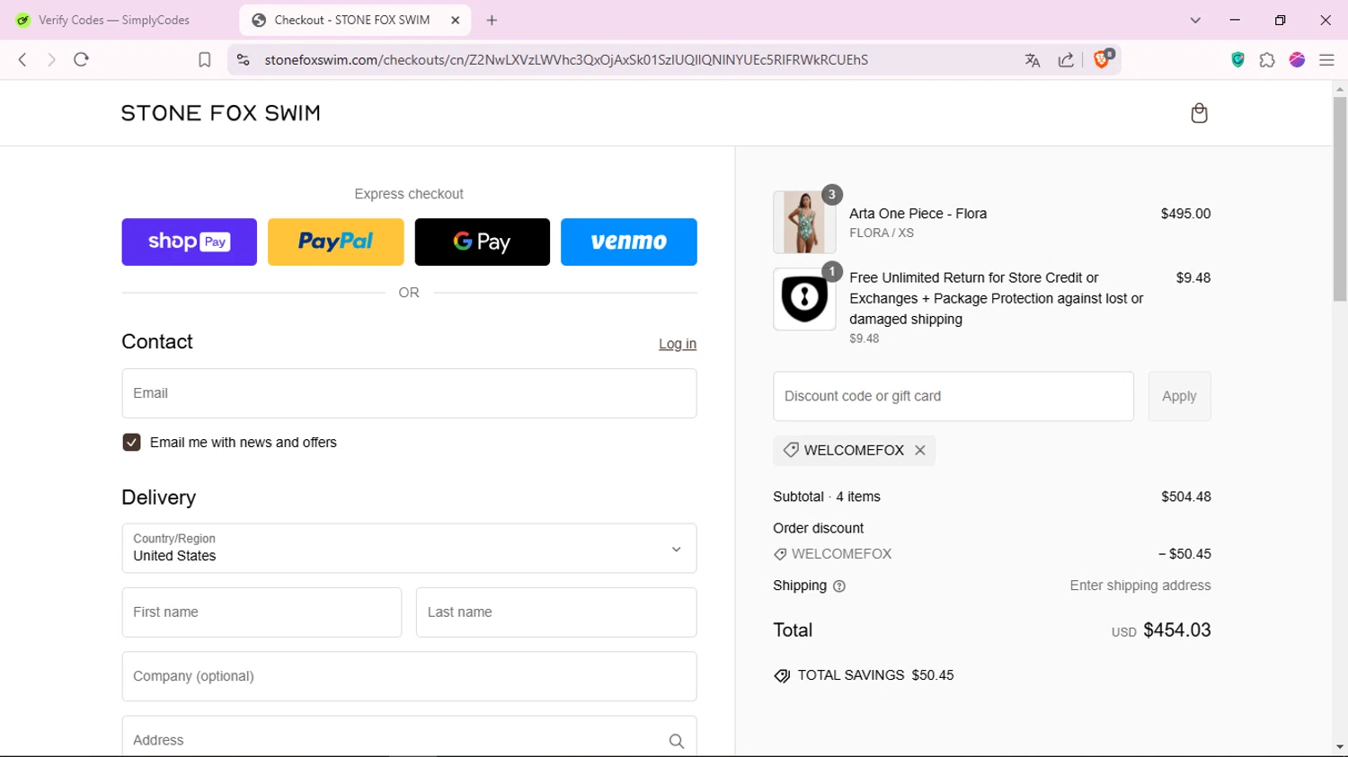 Stone Fox Swim promo code screenshot showing code WELCOMEFOX applied at Stone Fox Swim checkout page. Uploaded by SimplyCodes community member DazzLL on Feb 15, 2025