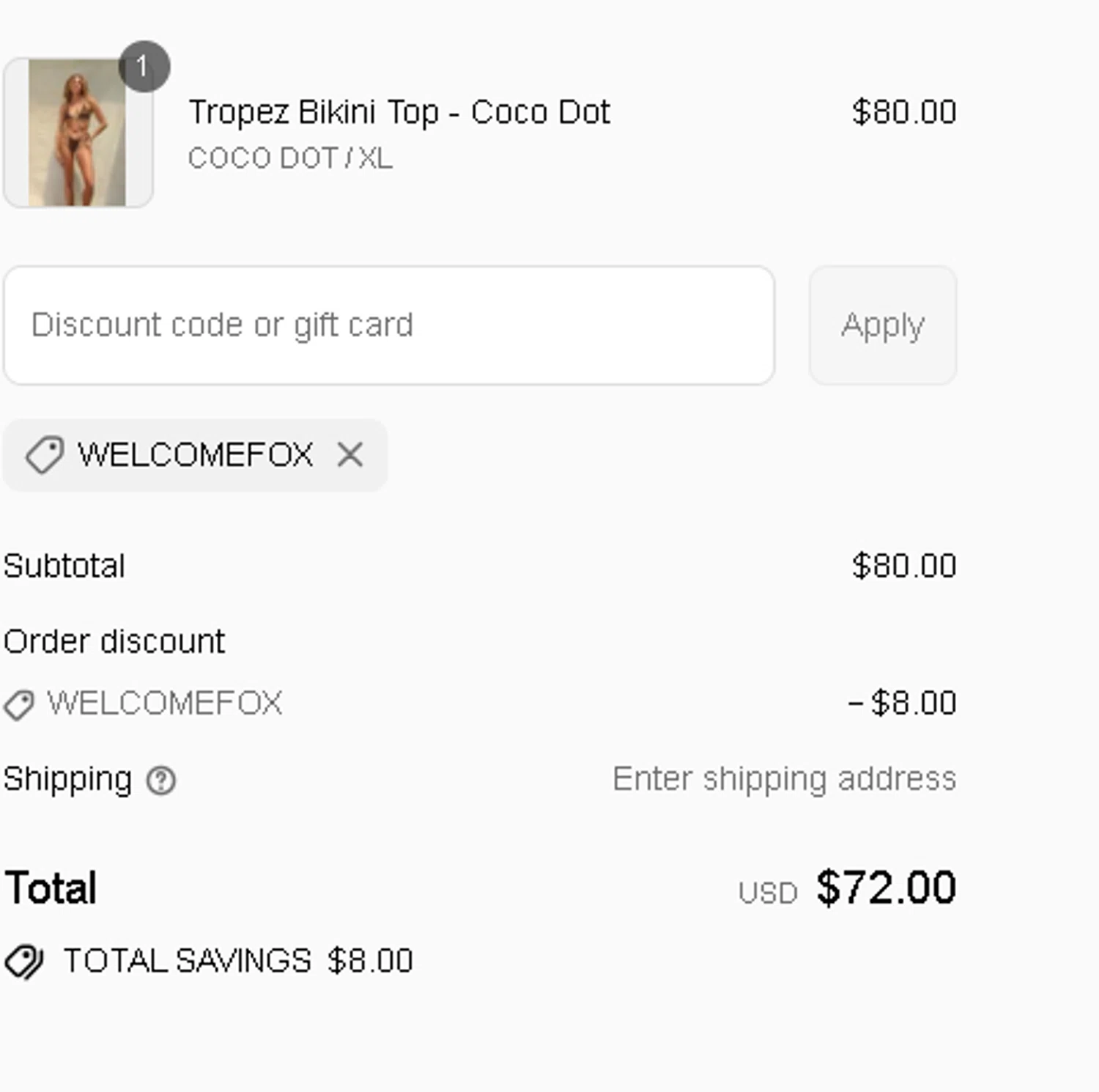 Stone Fox Swim promo code screenshot showing code WELCOMEFOX applied at Stone Fox Swim checkout page. Uploaded by SimplyCodes community member MightyPhoenix5865 on Aug 15, 2025
