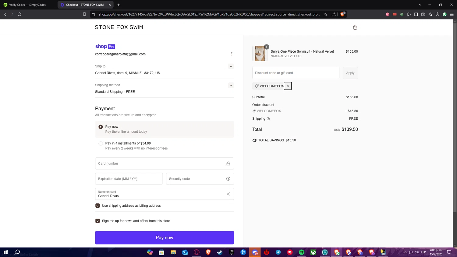 Stone Fox Swim promo code screenshot showing code WELCOMEFOX applied at Stone Fox Swim checkout page. Uploaded by SimplyCodes community member SimplyNerd on Feb 15, 2025