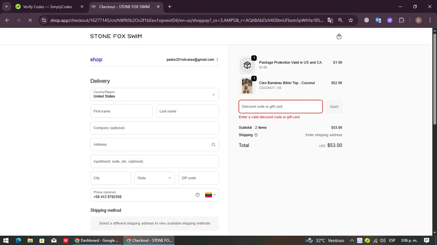 Stone Fox Swim promo code screenshot showing code SFS15 applied at Stone Fox Swim checkout page. Uploaded by SimplyCodes community member ExtraordinaryBoss3426 on Nov 22, 2025