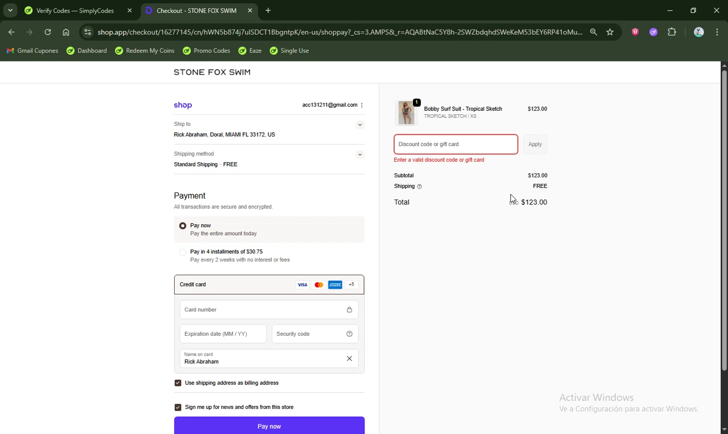 Stone Fox Swim promo code screenshot showing code SFS15 applied at Stone Fox Swim checkout page. Uploaded by SimplyCodes community member LHaunter2 on Nov 22, 2025