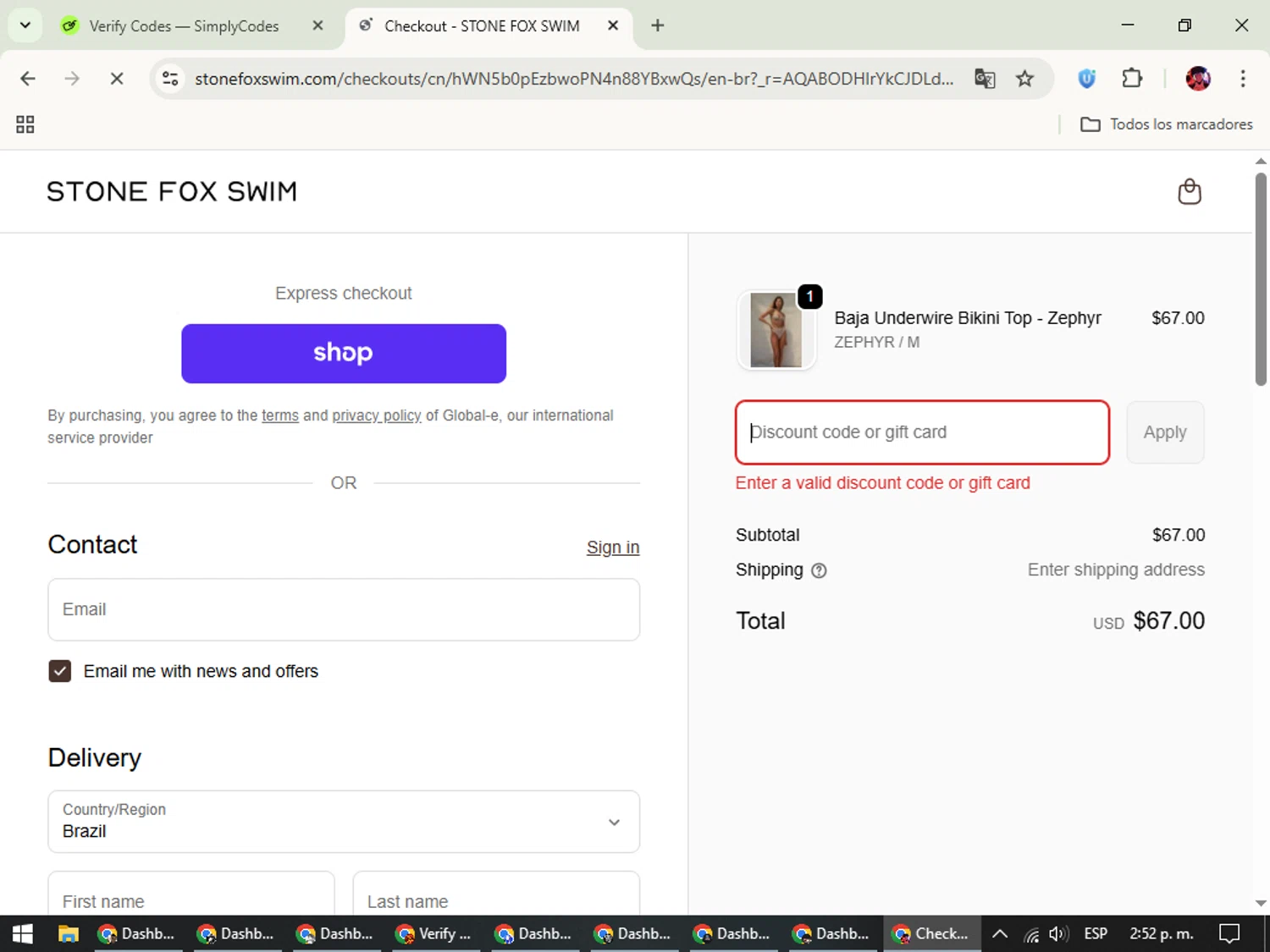 Stone Fox Swim promo code screenshot showing code SFS15 applied at Stone Fox Swim checkout page. Uploaded by SimplyCodes community member SavingsEagle5772 on Nov 22, 2025