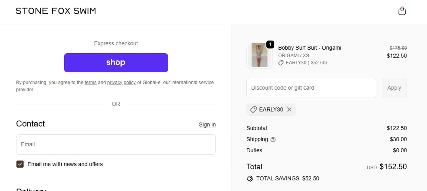 Stone Fox Swim promo code screenshot showing code EARLY30 applied at Stone Fox Swim checkout page. Uploaded by SimplyCodes community member anthonyquintero on Nov 21, 2025