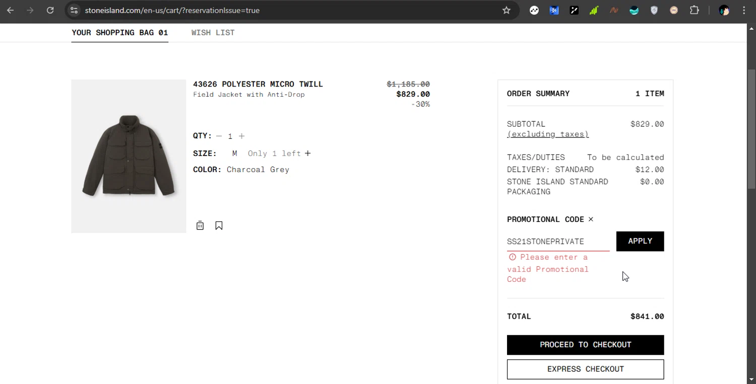 Stone Island promo code screenshot showing code SS21STONEPRIVATE applied at Stone Island checkout page. Uploaded by SimplyCodes community member PrimeShopper6600 on Dec 29, 2024