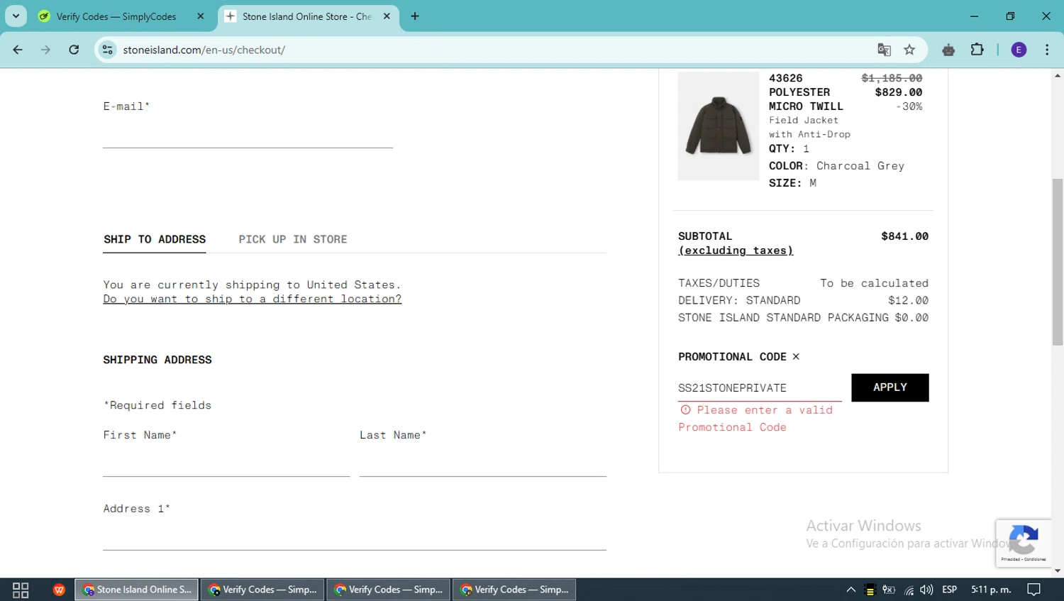 Stone Island promo code screenshot showing code SS21STONEPRIVATE applied at Stone Island checkout page. Uploaded by SimplyCodes community member WiseVoyager5148 on Dec 29, 2024