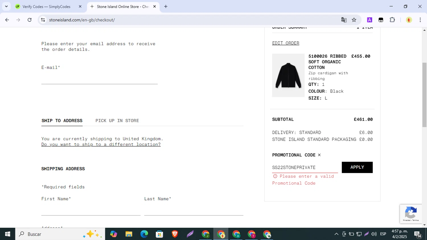 Stone Island promo code screenshot showing code SS22STONEPRIVATE applied at Stone Island checkout page. Uploaded by SimplyCodes community member SmartMonarch9718 on Feb 4, 2025