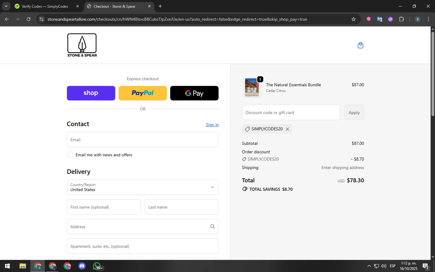 Stone & Spear promo code screenshot showing code SIMPLYCODES20 applied at Stone & Spear checkout page. Uploaded by SimplyCodes community member youngchecker2 on Oct 16, 2025